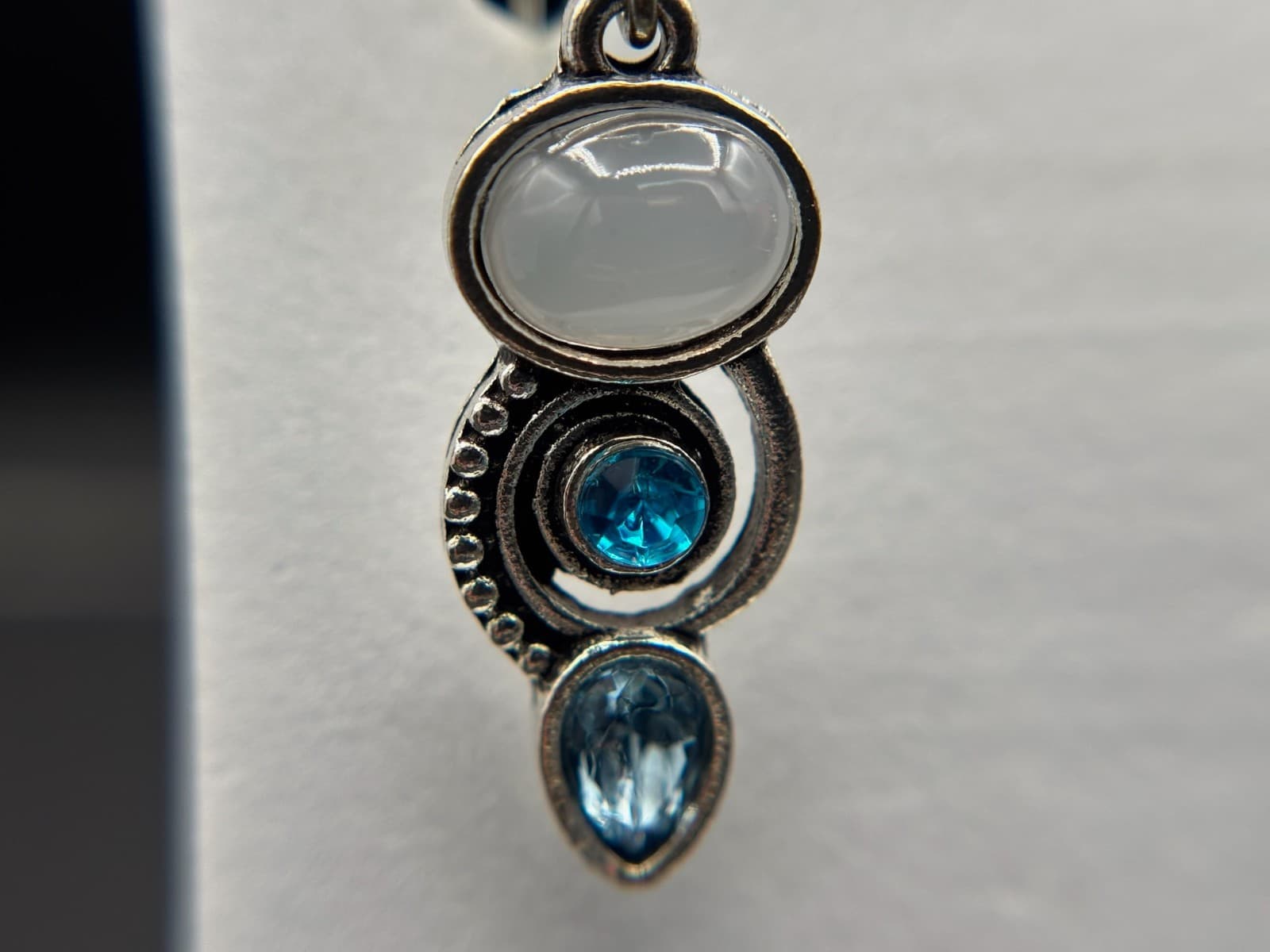 Vintage Silver Tone Glass Trio Drop Earrings Blue & Opal Style Stones Y2K Boho - Thumbnail 3