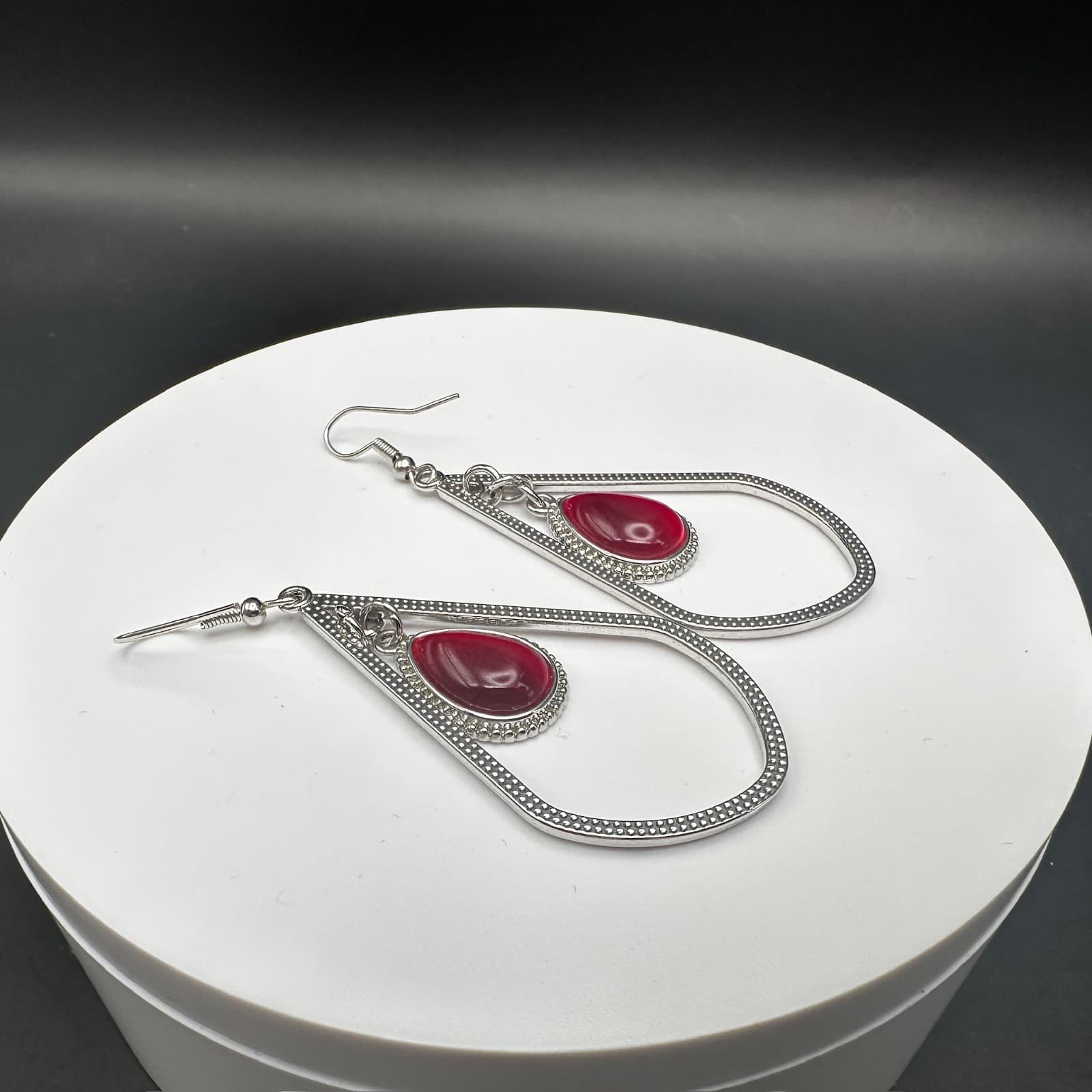 Vintage 90s Red Teardrop Dangle Earrings Silver-tone Drop Jewelry Boho Chic - Thumbnail 8