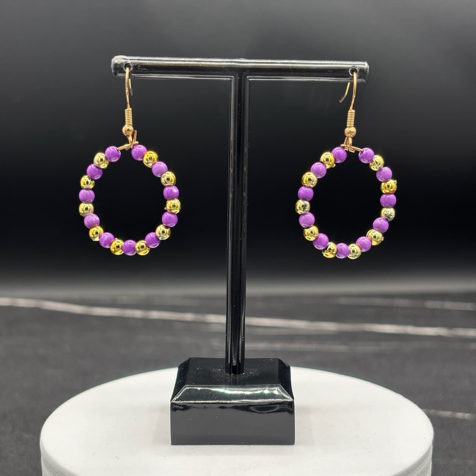 Vintage 80s 90s Y2K Purple & Gold Beaded Hoop Earrings Retro Fun Statement Style - Thumbnail 2