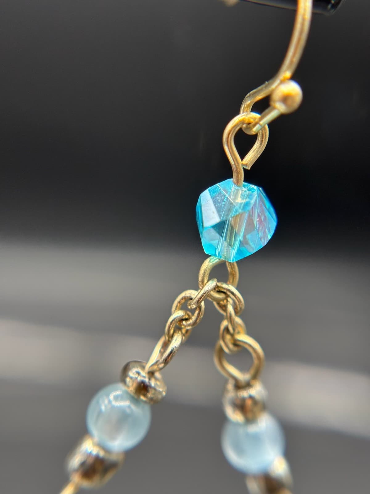 Vintage Boho Gold Tone Beaded Chandelier Earrings Blue Glass & Pearl Accents - Thumbnail 5