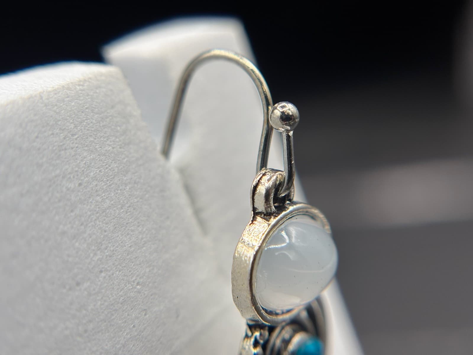 Vintage Silver Tone Glass Trio Drop Earrings Blue & Opal Style Stones Y2K Boho - Thumbnail 5