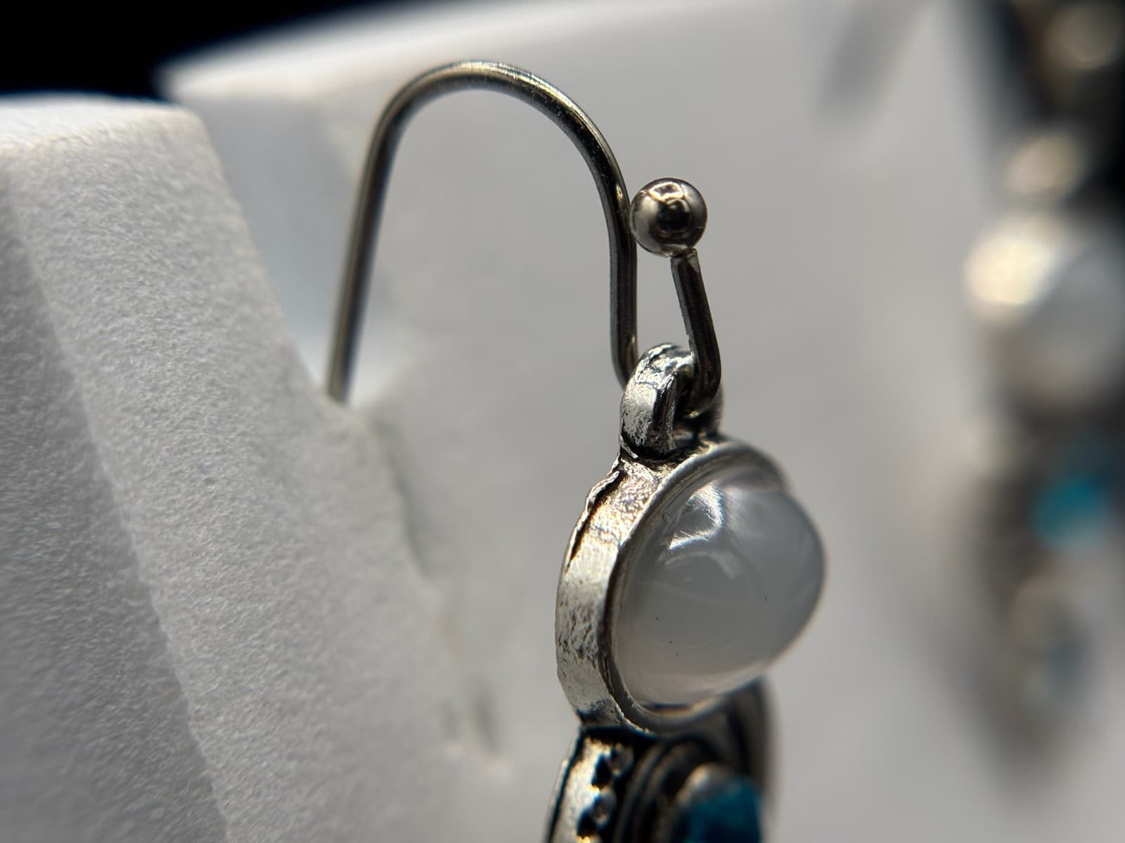 Vintage Silver Tone Glass Trio Drop Earrings Blue & Opal Style Stones Y2K Boho - Thumbnail 6