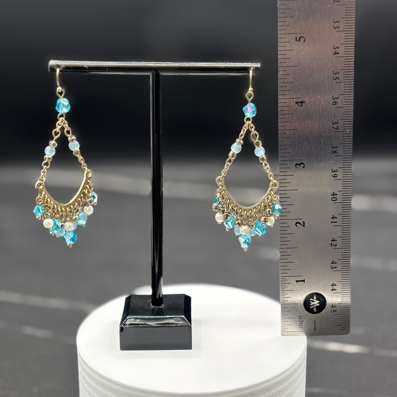 Vintage Boho Gold Tone Beaded Chandelier Earrings Blue Glass & Pearl Accents - Thumbnail 7