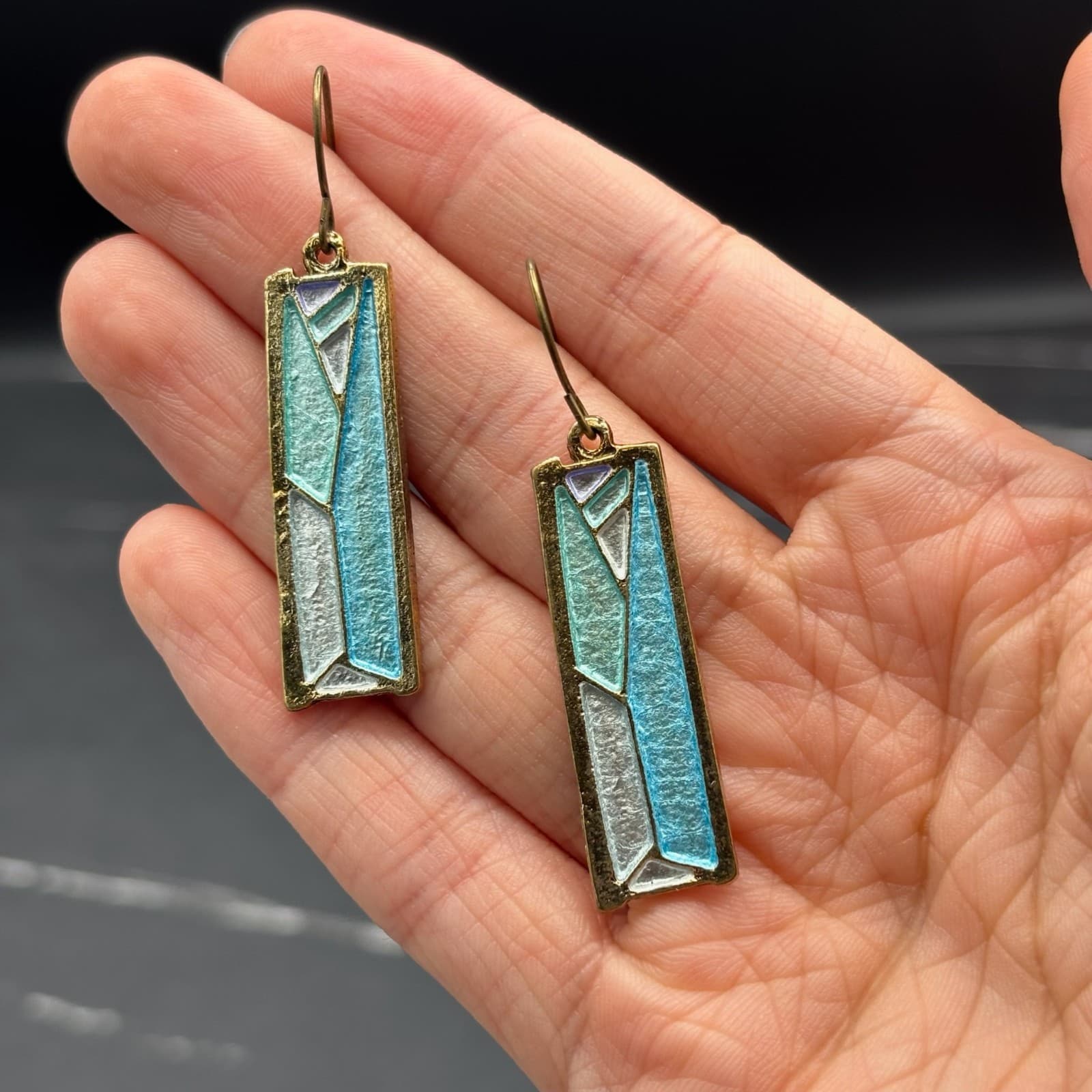 Painted Aluminum Art Deco Style Turquoise Drop Earrings Lightweight - Thumbnail 2