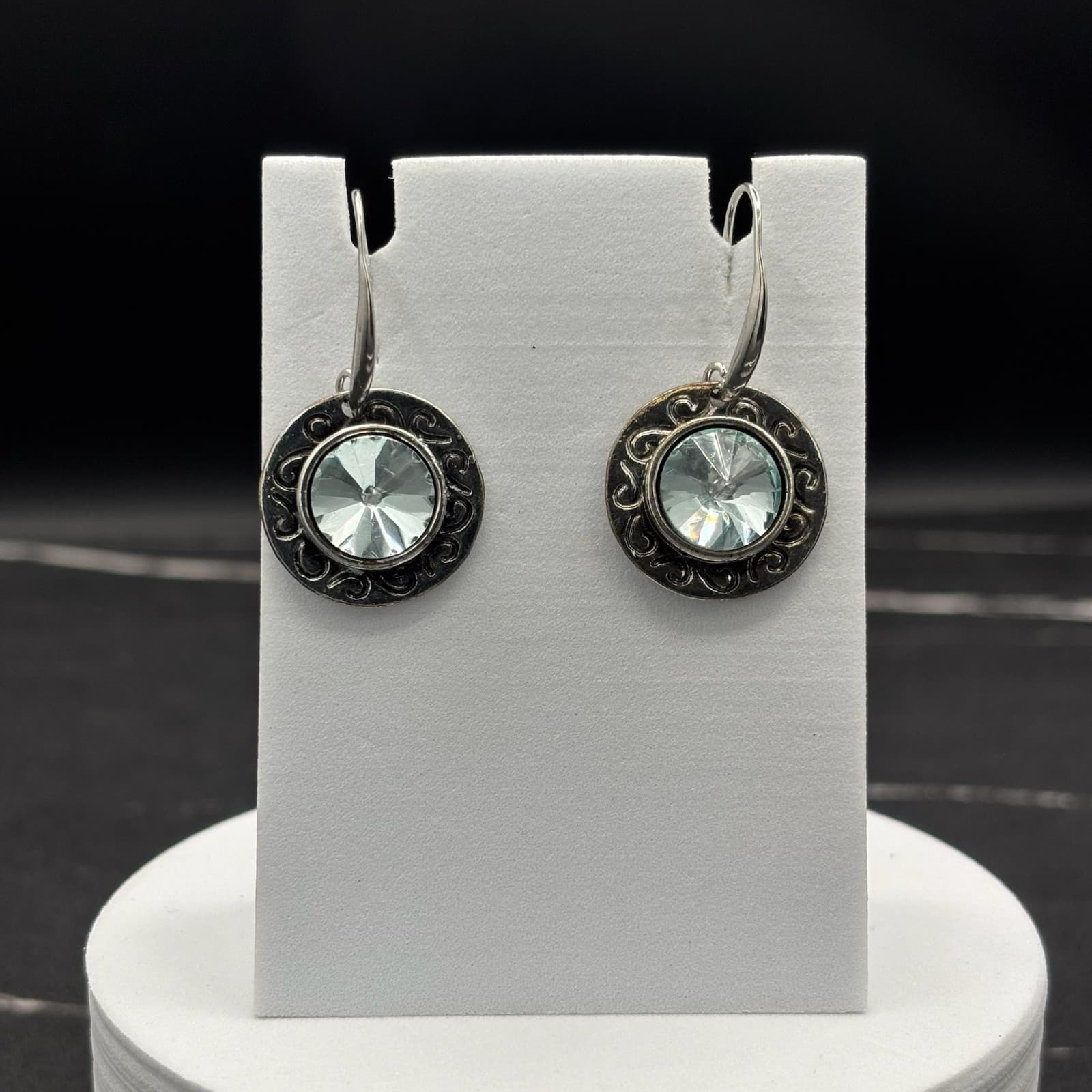 Vintage Style Silver Tone Foilback Aqua Drop Earrings Boho Y2K - Image 1