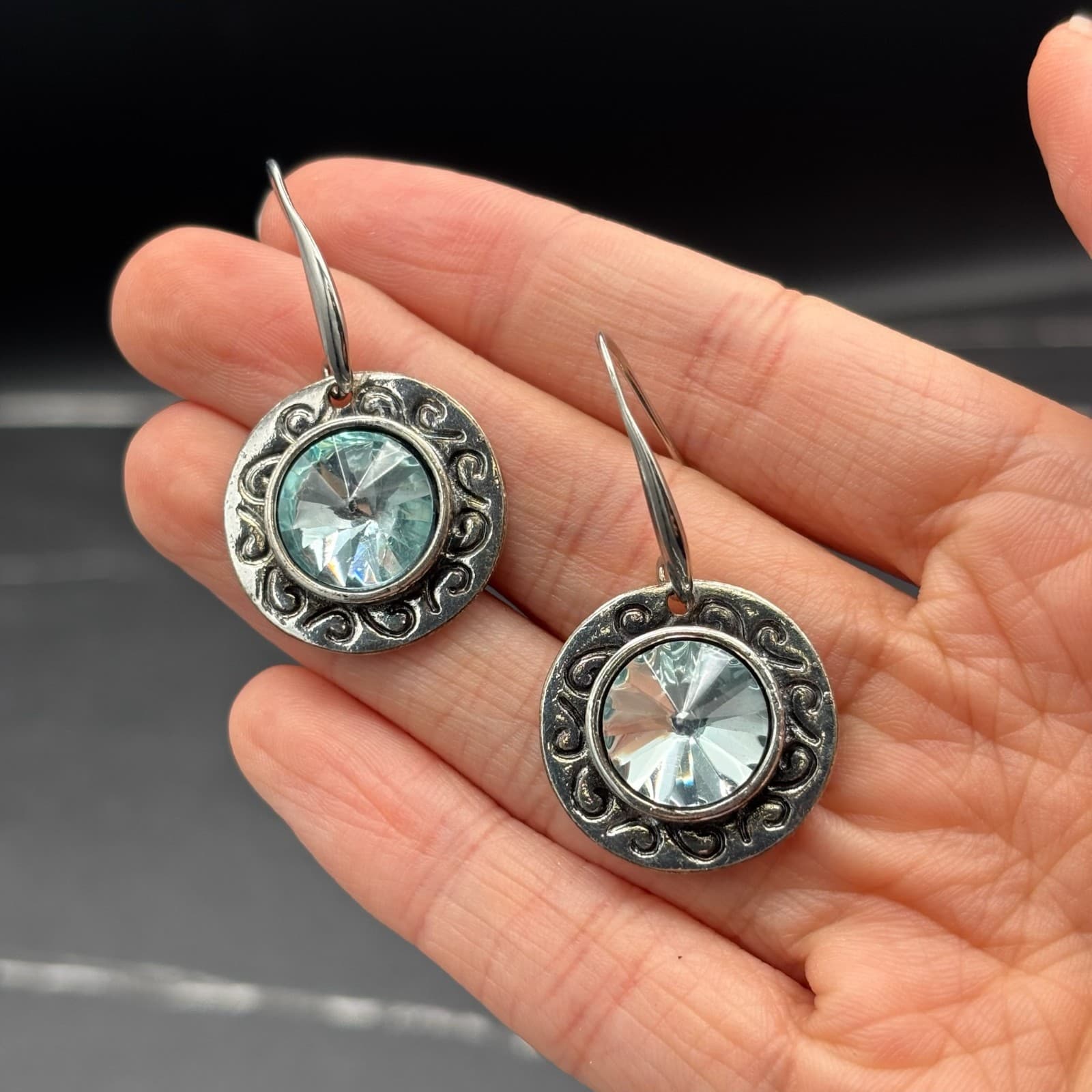 Vintage Style Silver Tone Foilback Aqua Drop Earrings Boho Y2K - Thumbnail 2