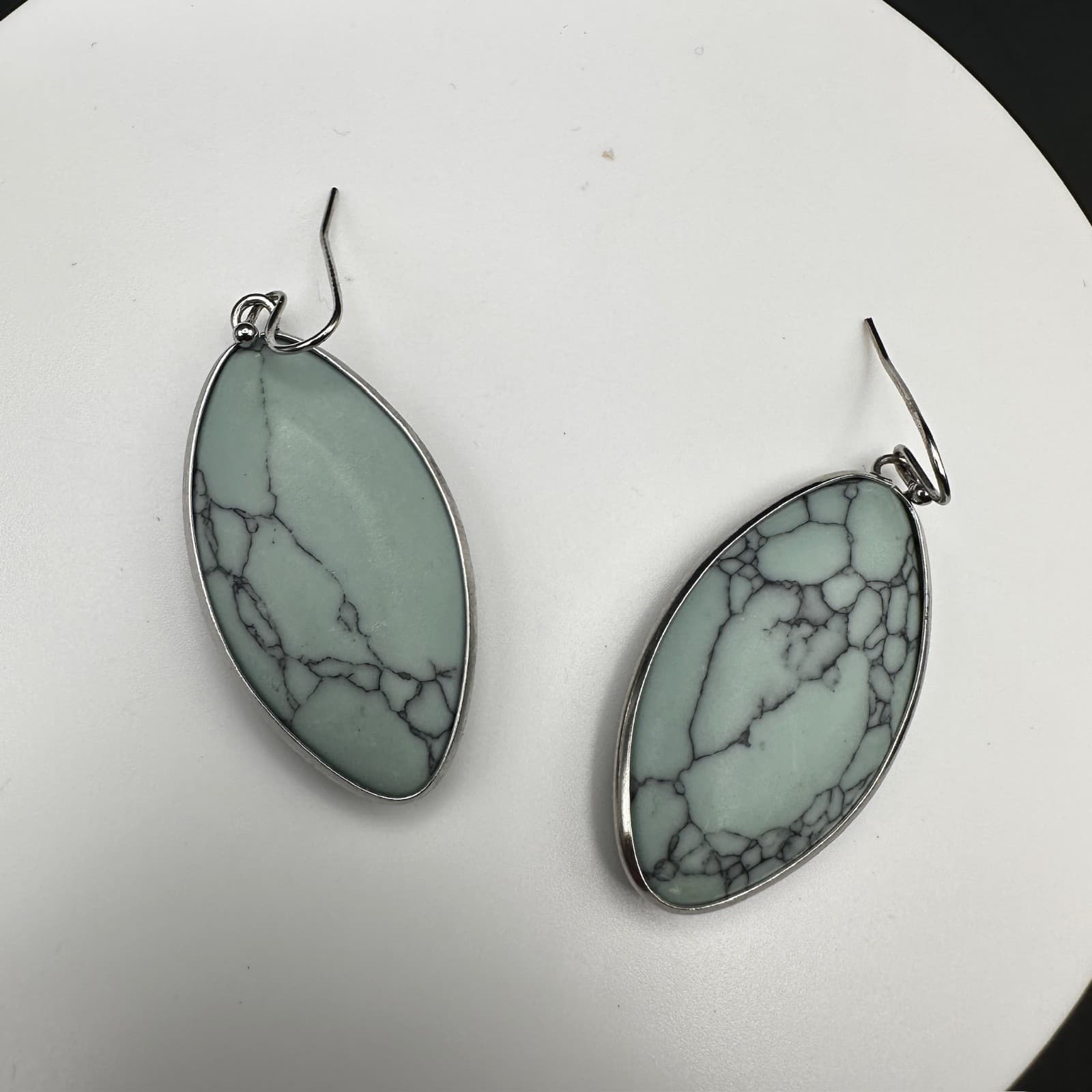 Vintage Light Green Marquise Stone Dangle Earrings Silver Tone Boho Jewelry - Thumbnail 7