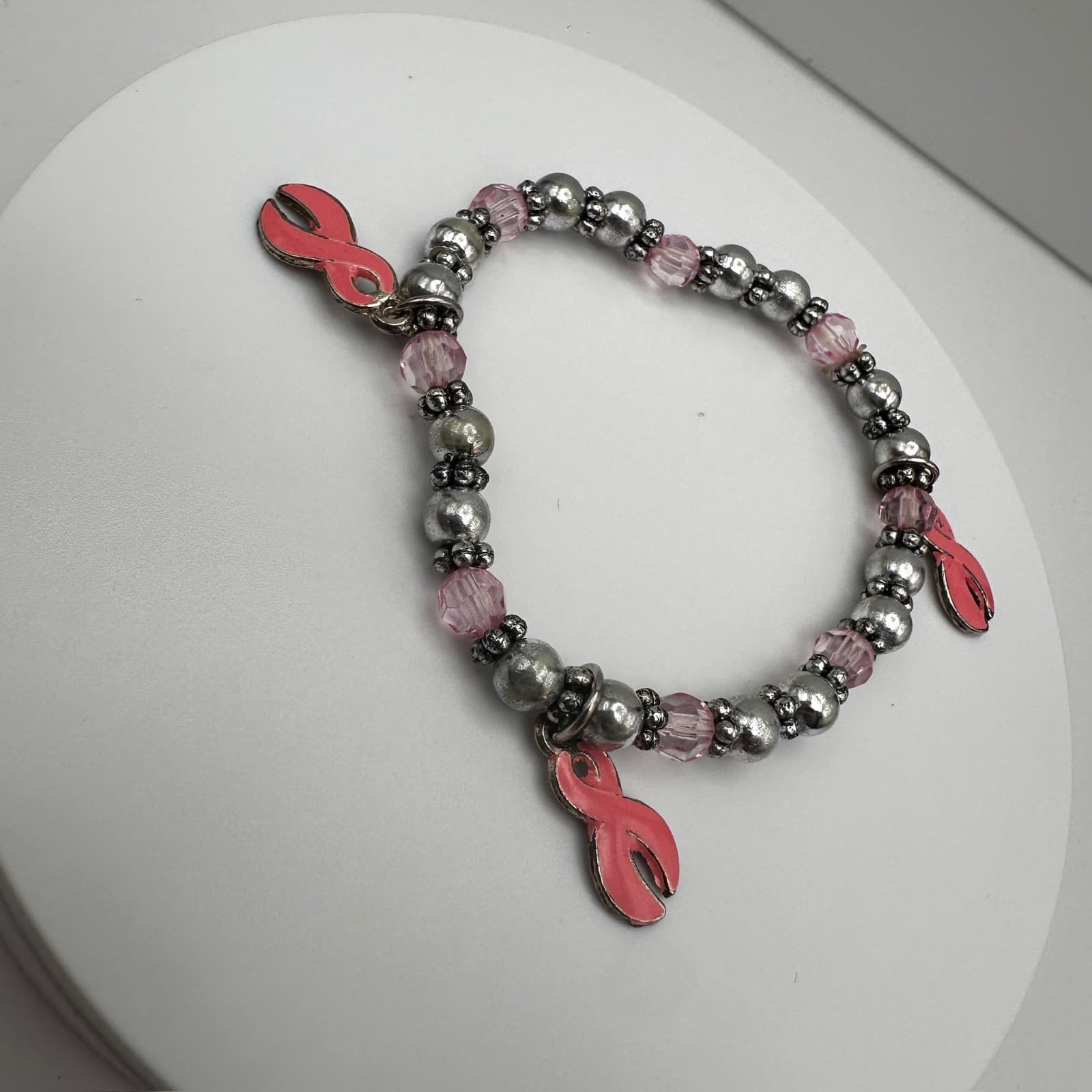 Vintage 90s Silver Tone Cancer Awareness Pink Ribbon Charm Bracelet Jewelry - Thumbnail 2