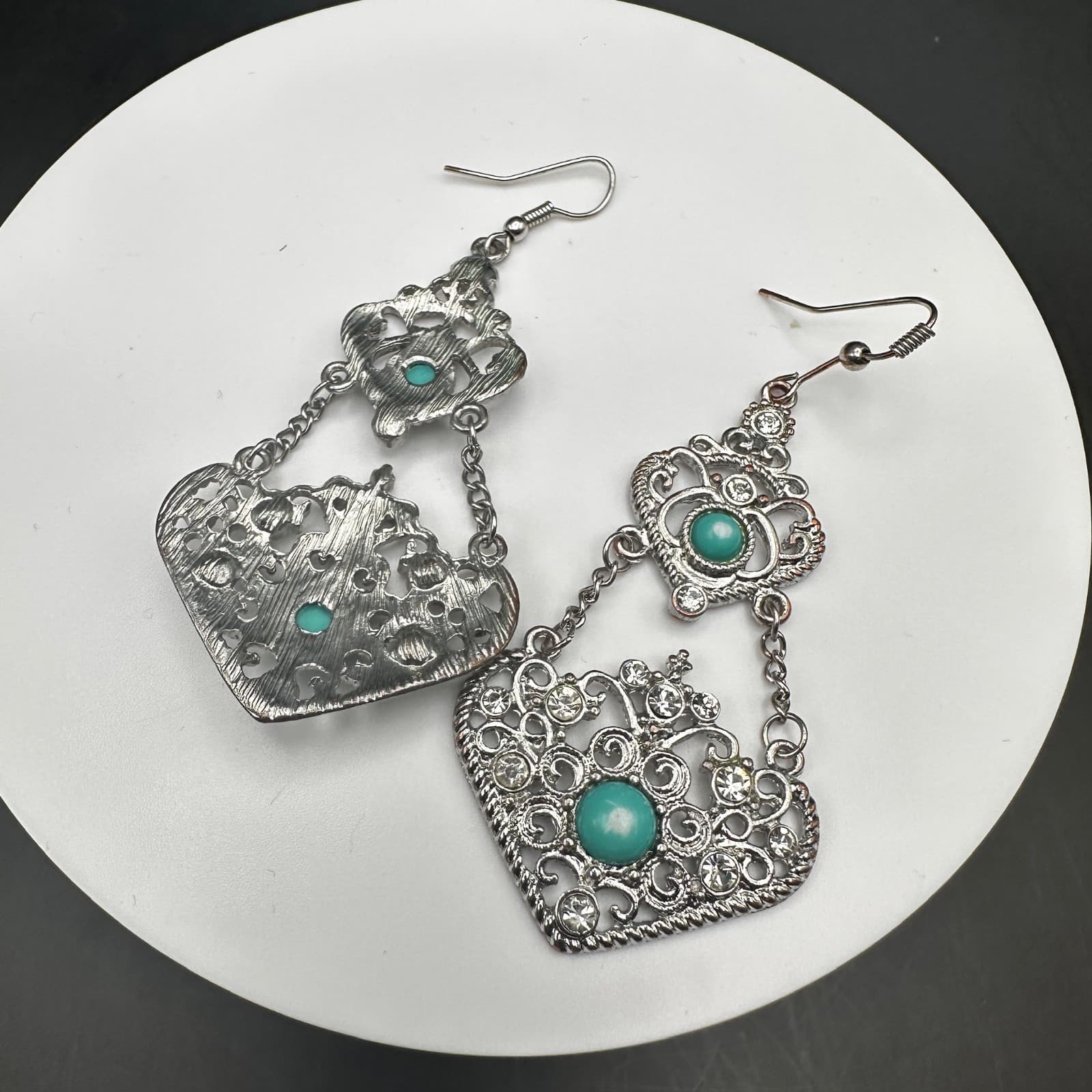 Vintage 90s 80s Dangle Earrings Turquoise Stone Clear Rhinestone Filigree Gothic - Thumbnail 6
