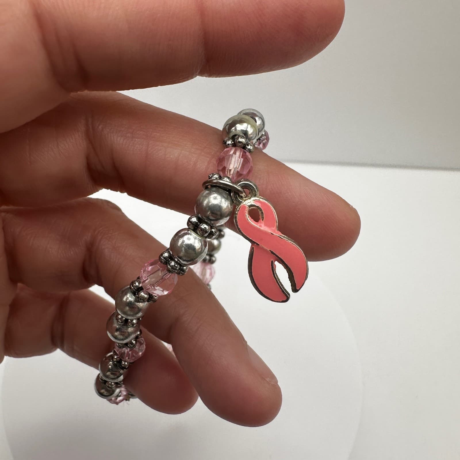 Vintage 90s Silver Tone Cancer Awareness Pink Ribbon Charm Bracelet Jewelry - Thumbnail 6