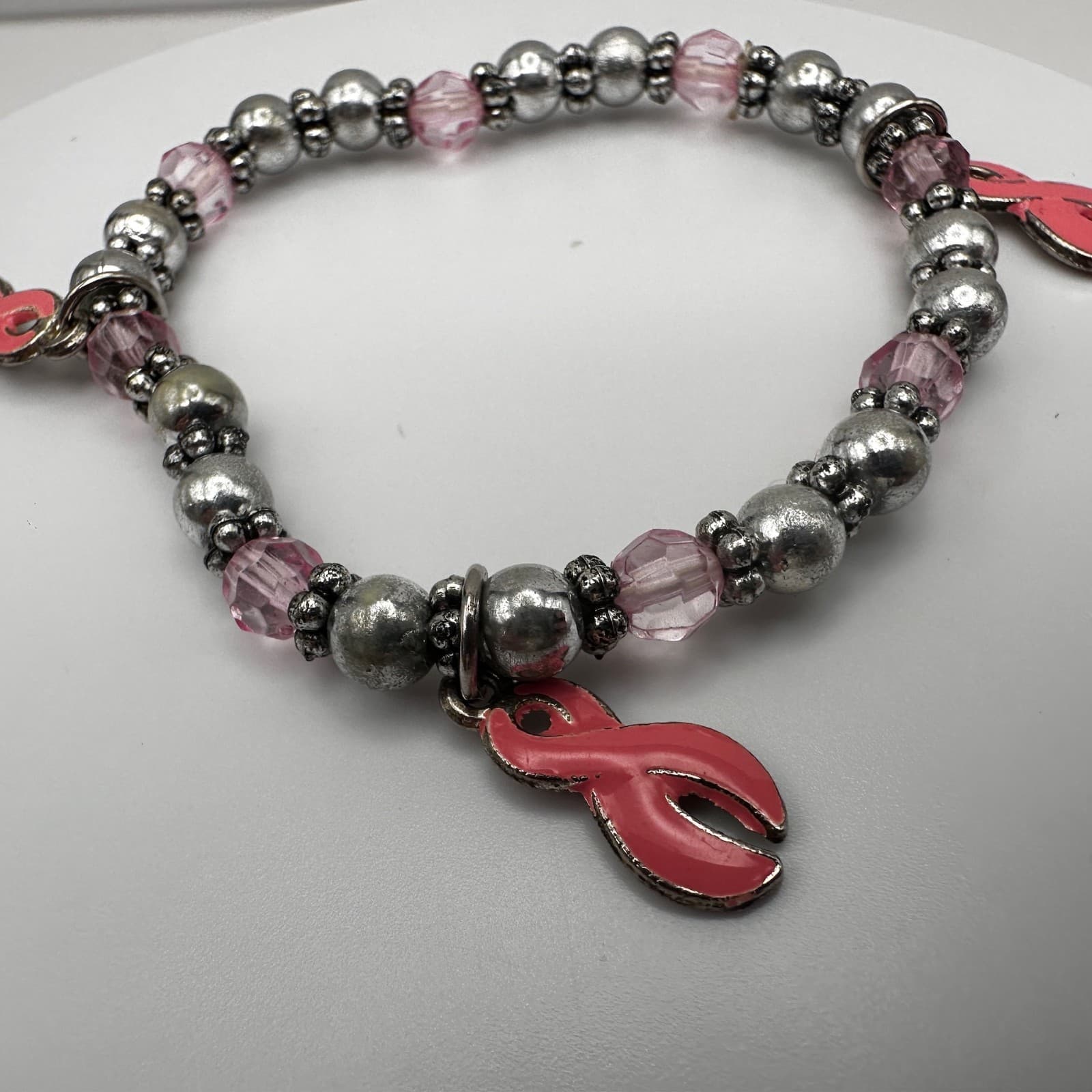 Vintage 90s Silver Tone Cancer Awareness Pink Ribbon Charm Bracelet Jewelry - Thumbnail 4