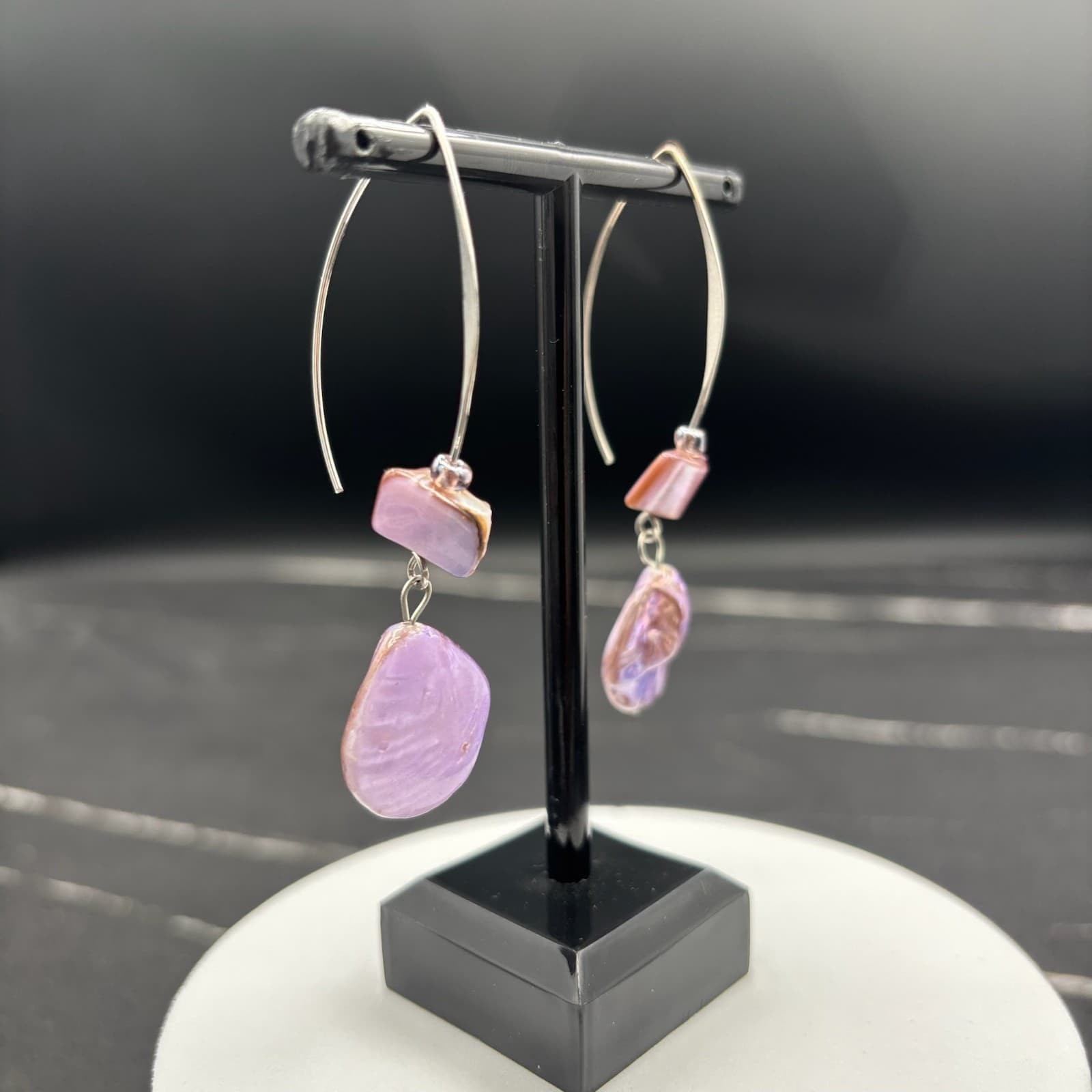 Vintage Purple Shell Drop Earrings Iridescent Dangle Boho Statement Earrings - Thumbnail 2