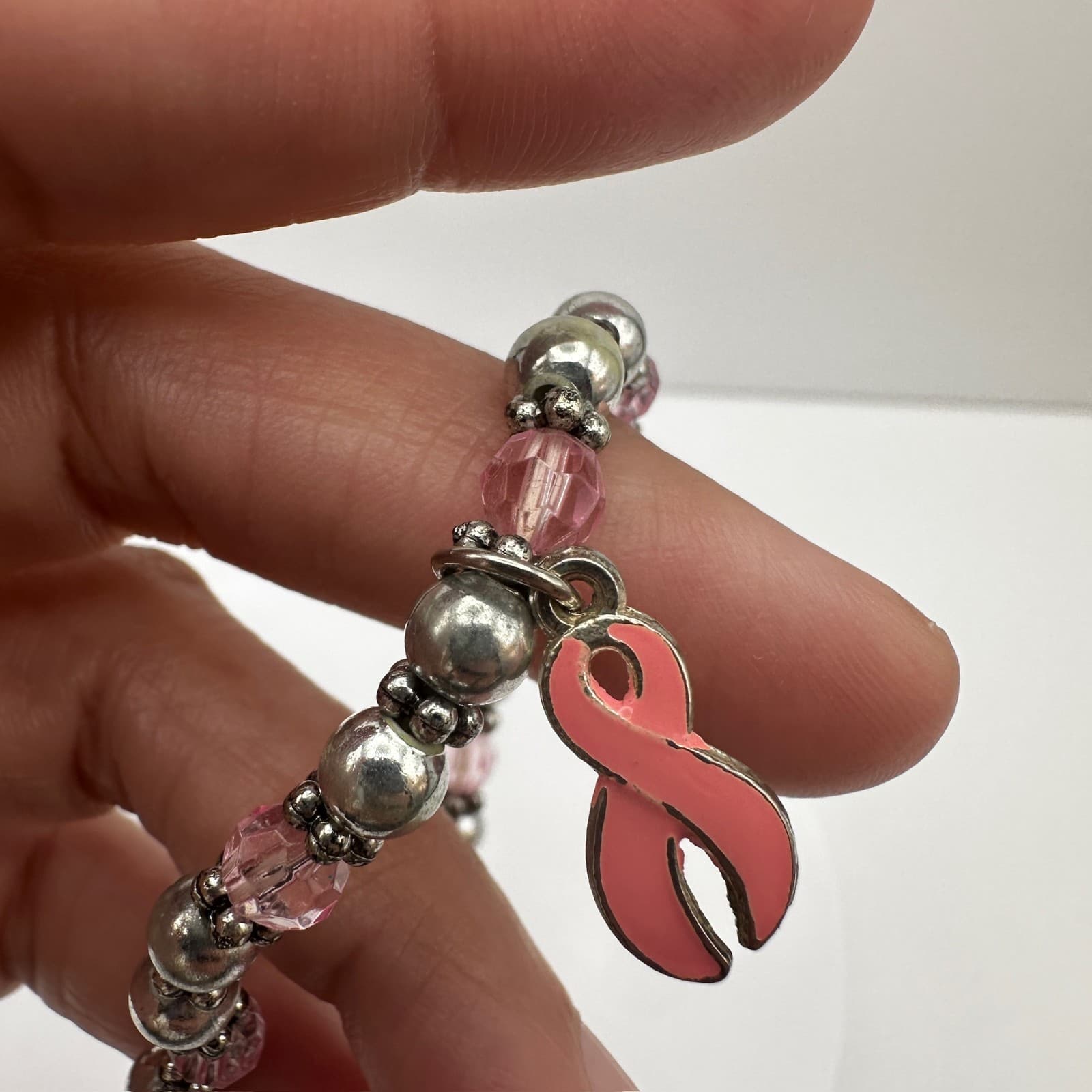 Vintage 90s Silver Tone Cancer Awareness Pink Ribbon Charm Bracelet Jewelry - Thumbnail 7