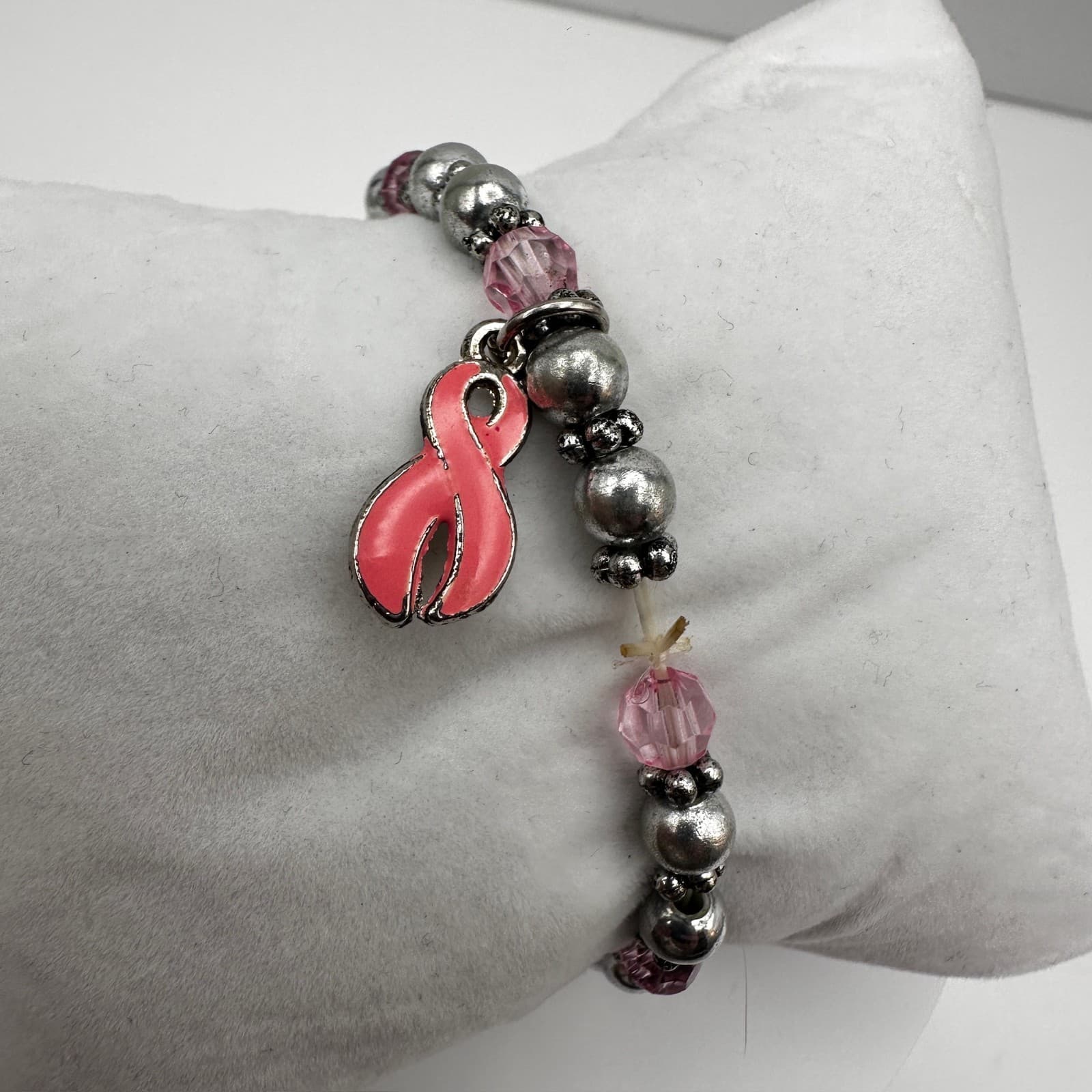 Vintage 90s Silver Tone Cancer Awareness Pink Ribbon Charm Bracelet Jewelry - Thumbnail 8