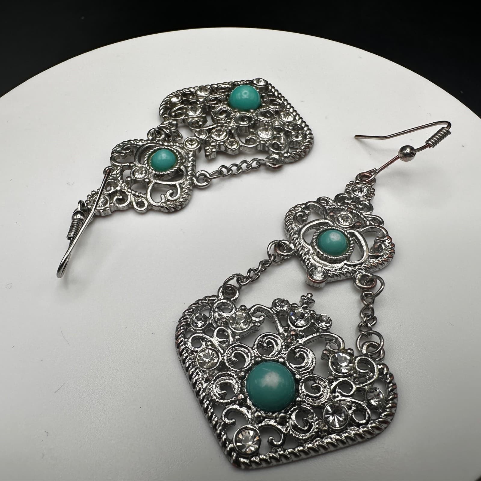 Vintage 90s 80s Dangle Earrings Turquoise Stone Clear Rhinestone Filigree Gothic - Thumbnail 9
