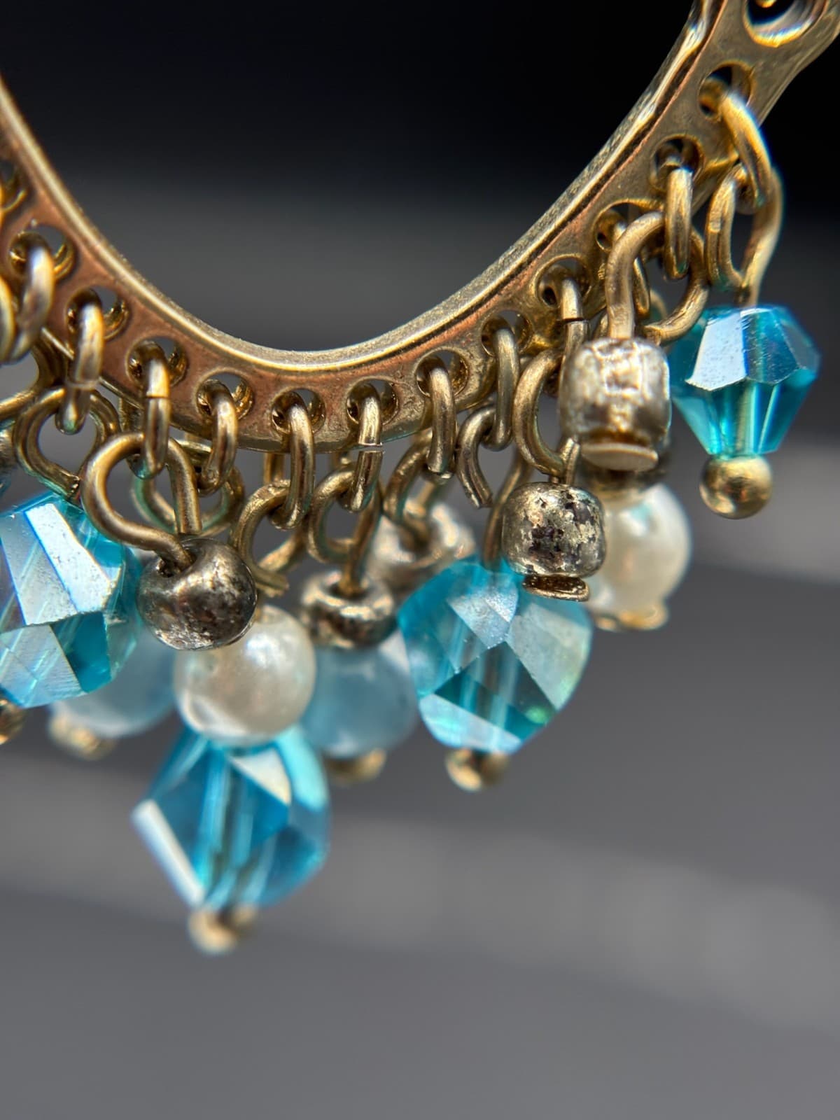 Vintage Boho Gold Tone Beaded Chandelier Earrings Blue Glass & Pearl Accents - Thumbnail 3