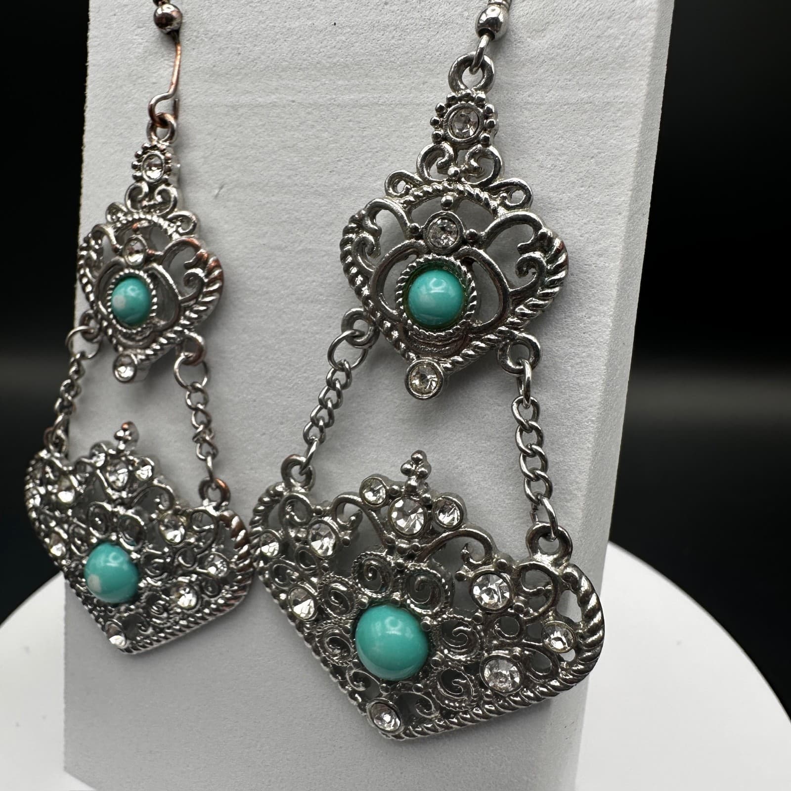 Vintage 90s 80s Dangle Earrings Turquoise Stone Clear Rhinestone Filigree Gothic - Thumbnail 3