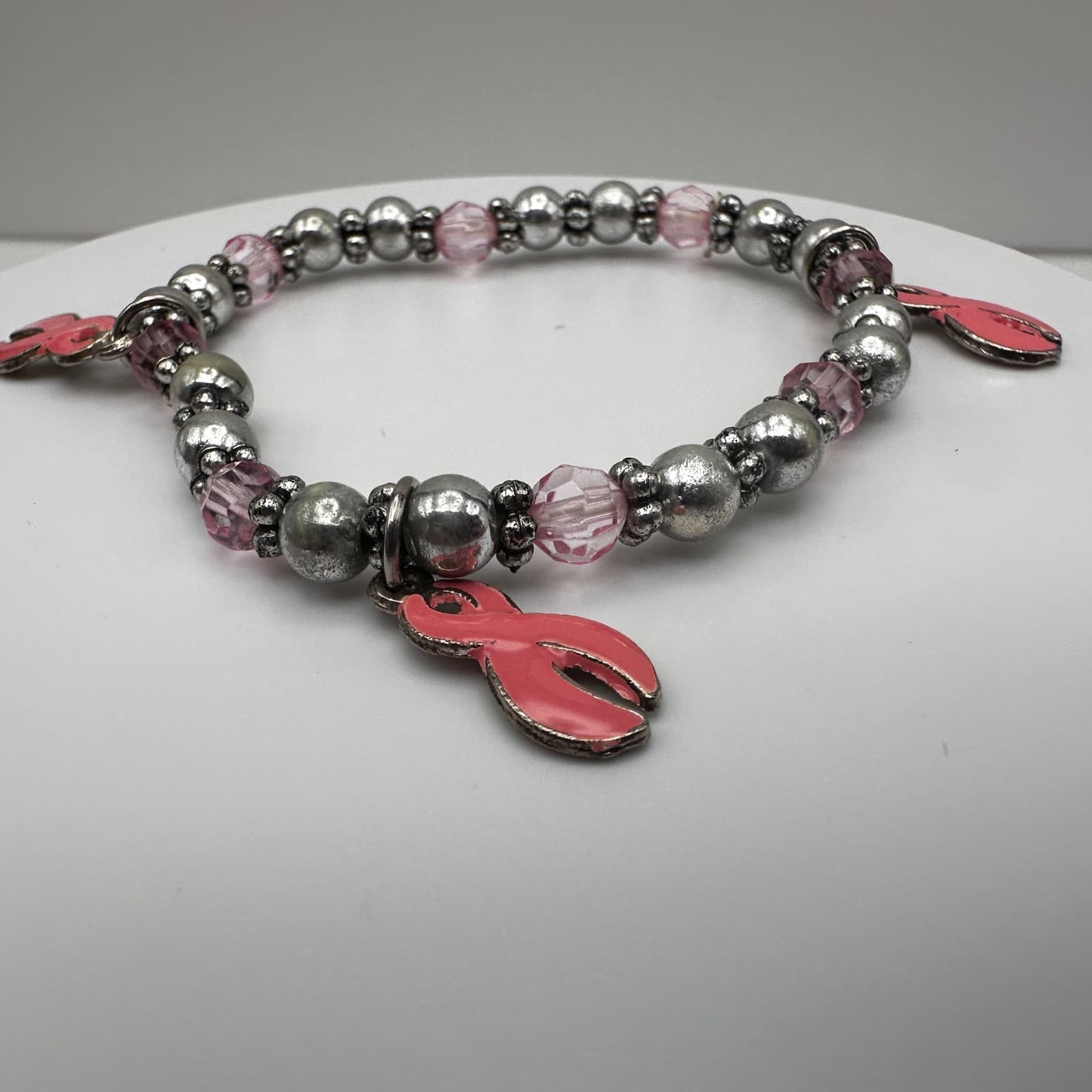 Vintage 90s Silver Tone Cancer Awareness Pink Ribbon Charm Bracelet Jewelry - Thumbnail 3