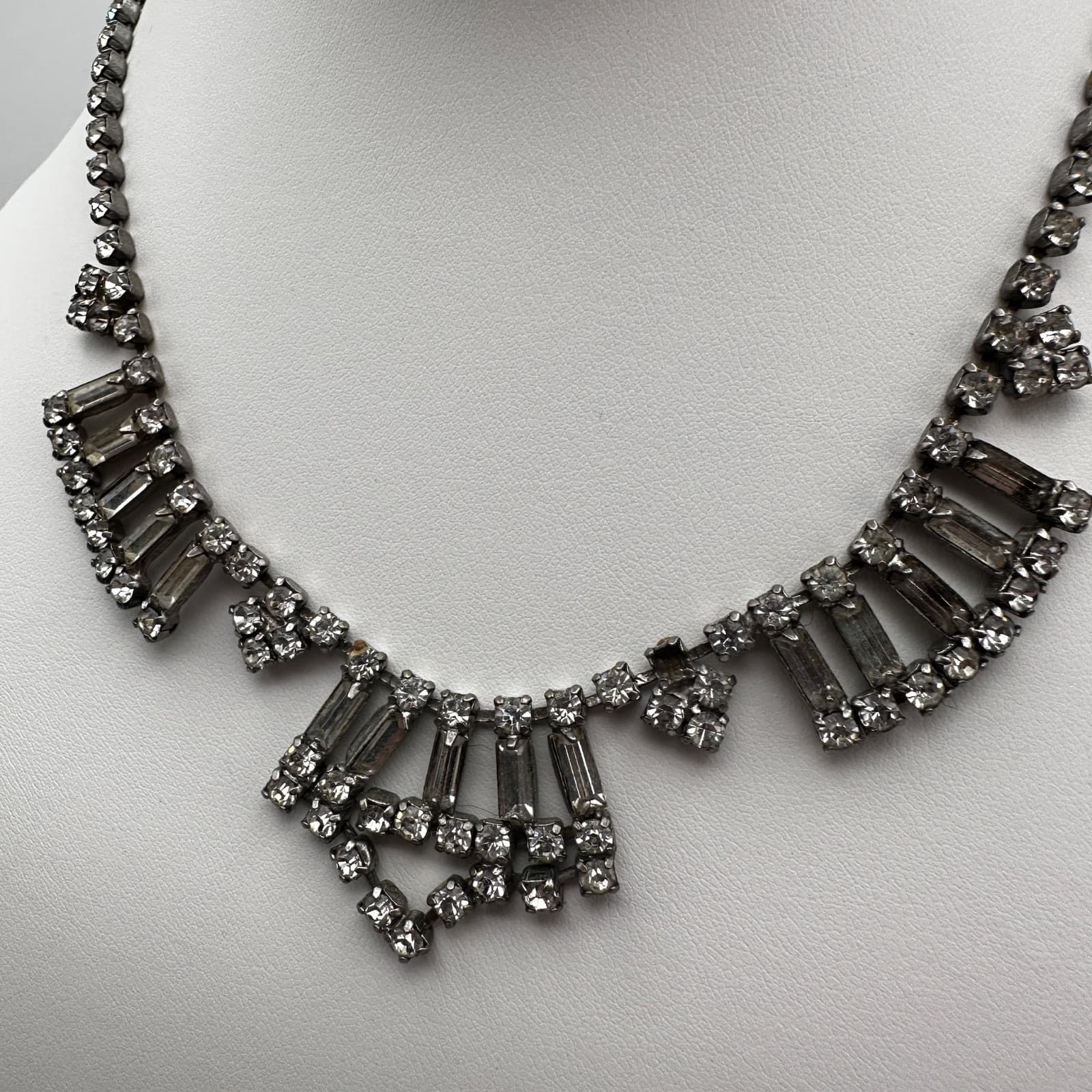 Vintage 90s Silver Tone Clear Rhinestone Baguette Fringe Statement Jewelry - Thumbnail 3