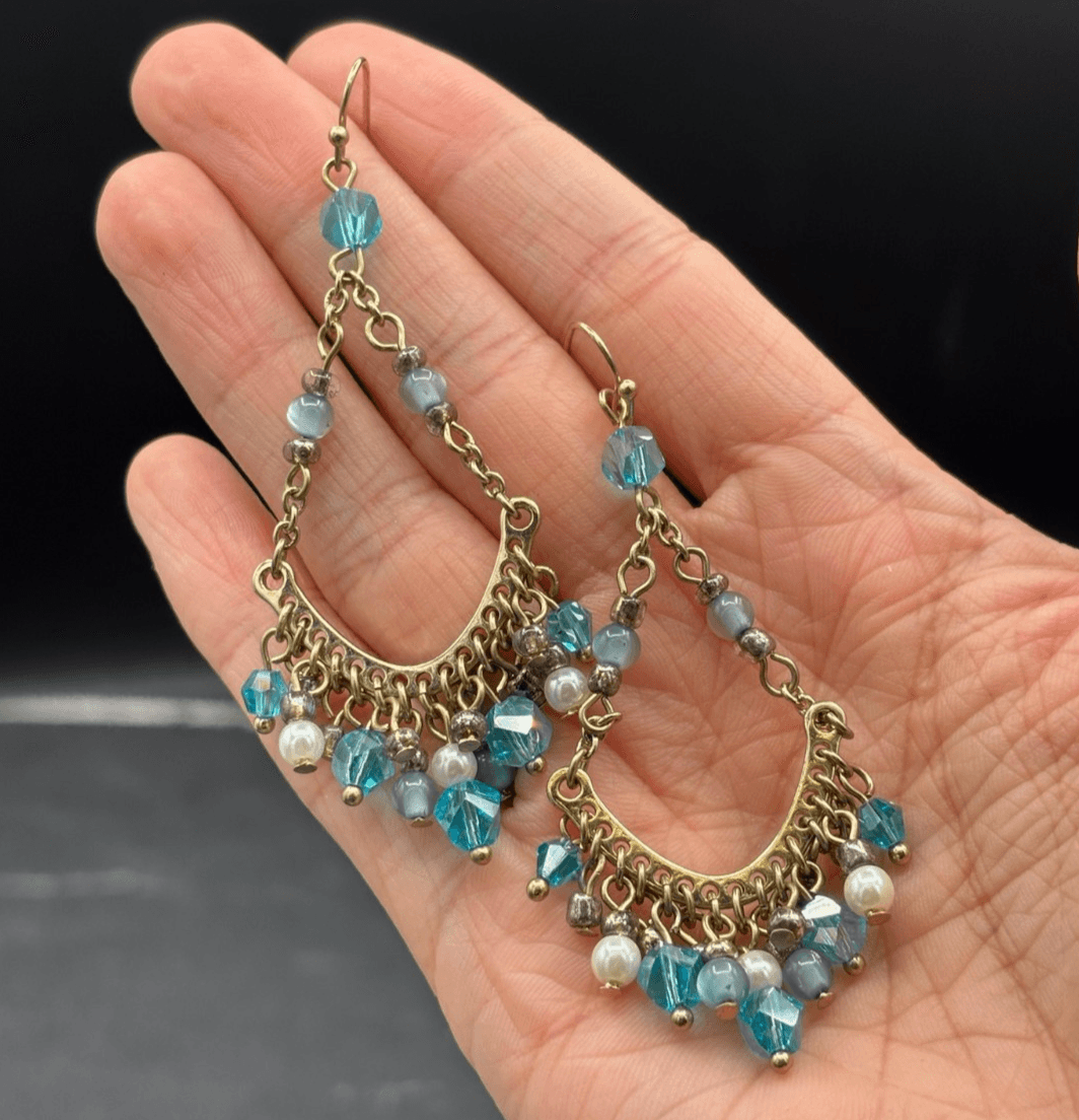 Vintage Boho Gold Tone Beaded Chandelier Earrings Blue Glass & Pearl Accents - Image 1