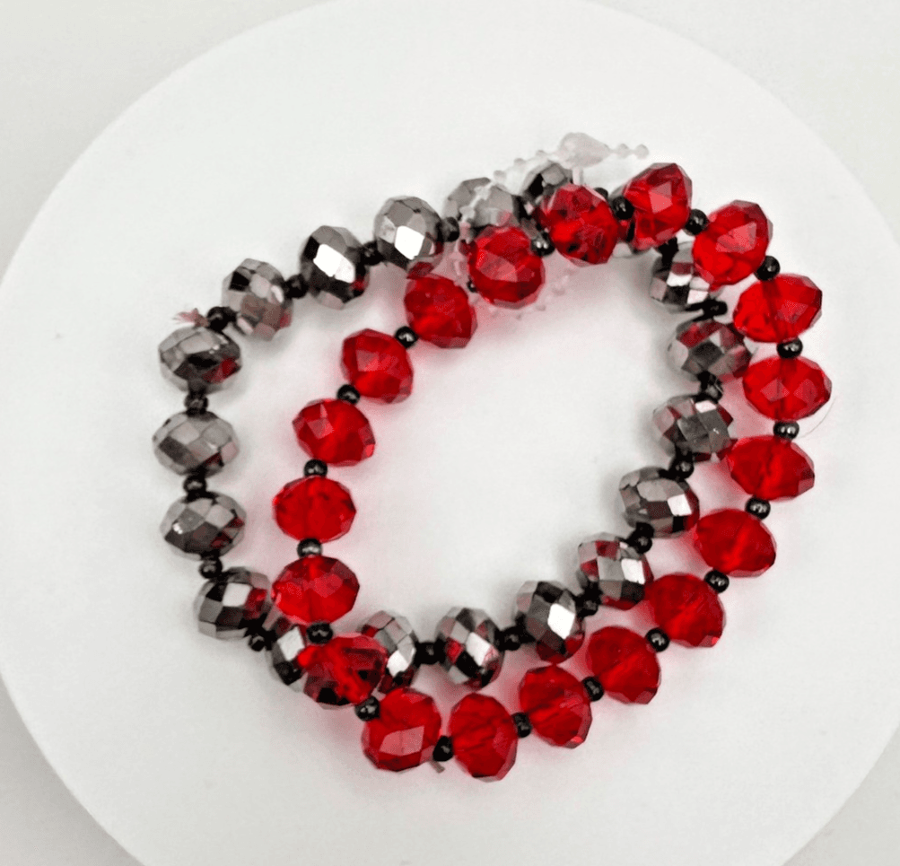Vintage 90s Red/Silver Tone Faceted Beaded Stretch Bracelet Women's Jewelry - Image 1