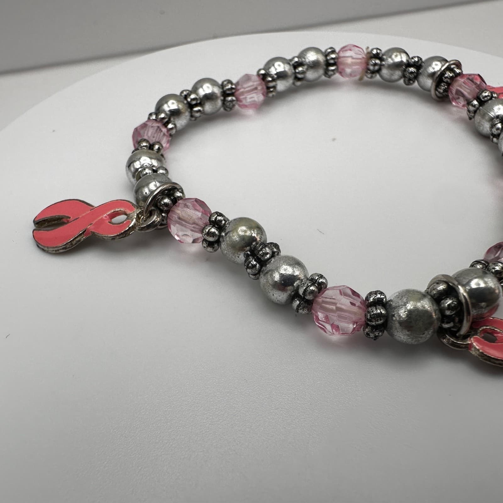 Vintage 90s Silver Tone Cancer Awareness Pink Ribbon Charm Bracelet Jewelry - Thumbnail 5