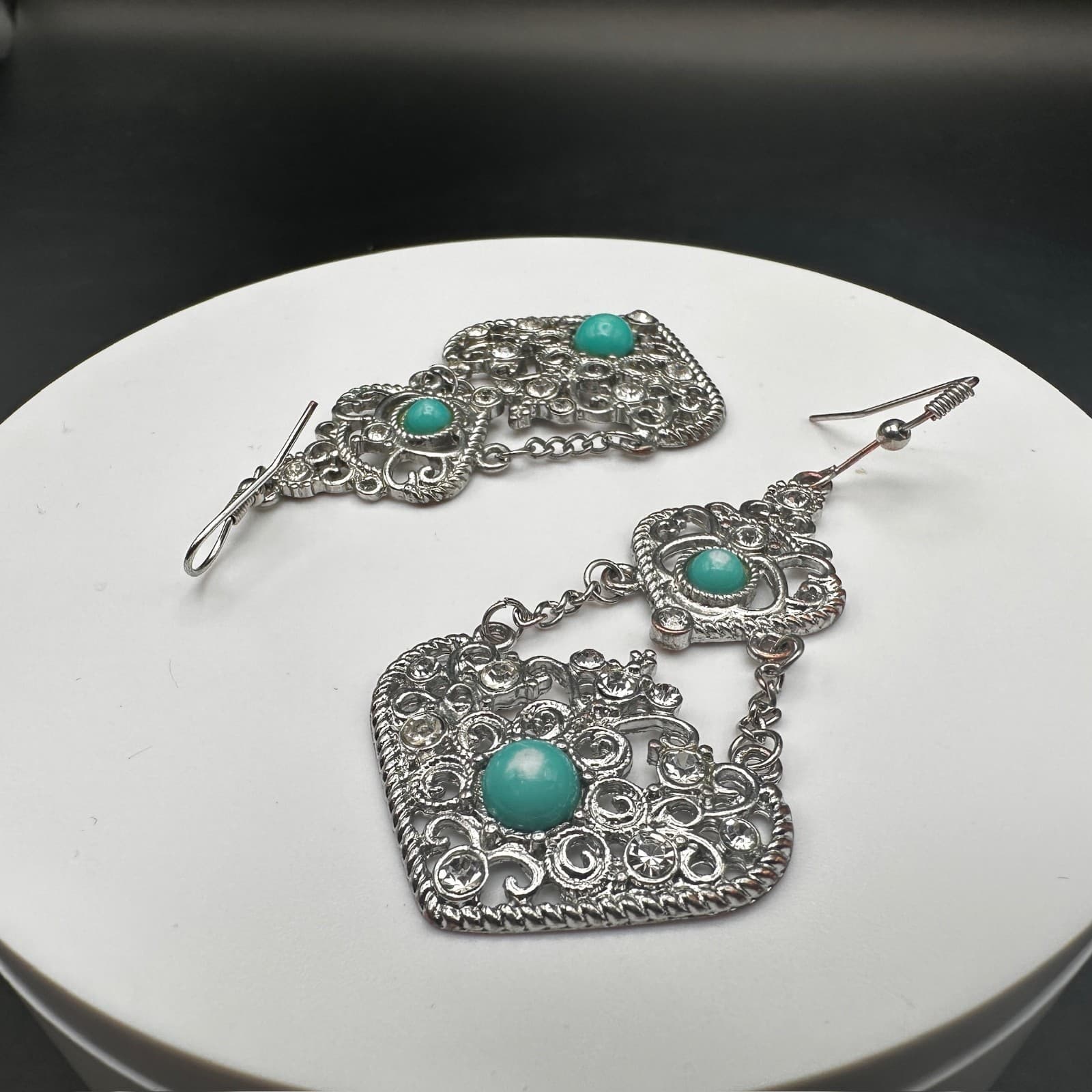 Vintage 90s 80s Dangle Earrings Turquoise Stone Clear Rhinestone Filigree Gothic - Thumbnail 8