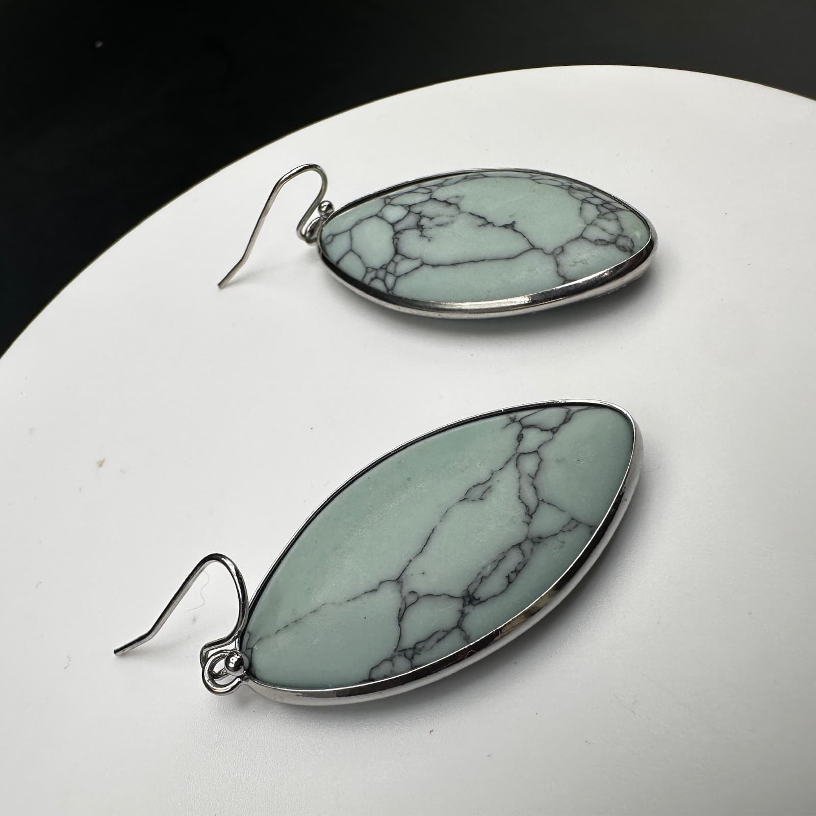 Vintage Light Green Marquise Stone Dangle Earrings Silver Tone Boho Jewelry - Thumbnail 10