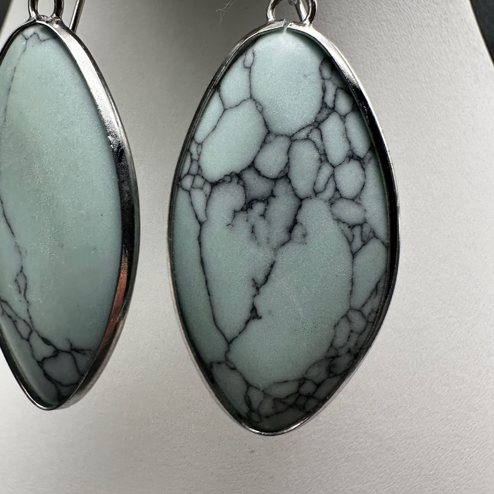 Vintage Light Green Marquise Stone Dangle Earrings Silver Tone Boho Jewelry - Thumbnail 4