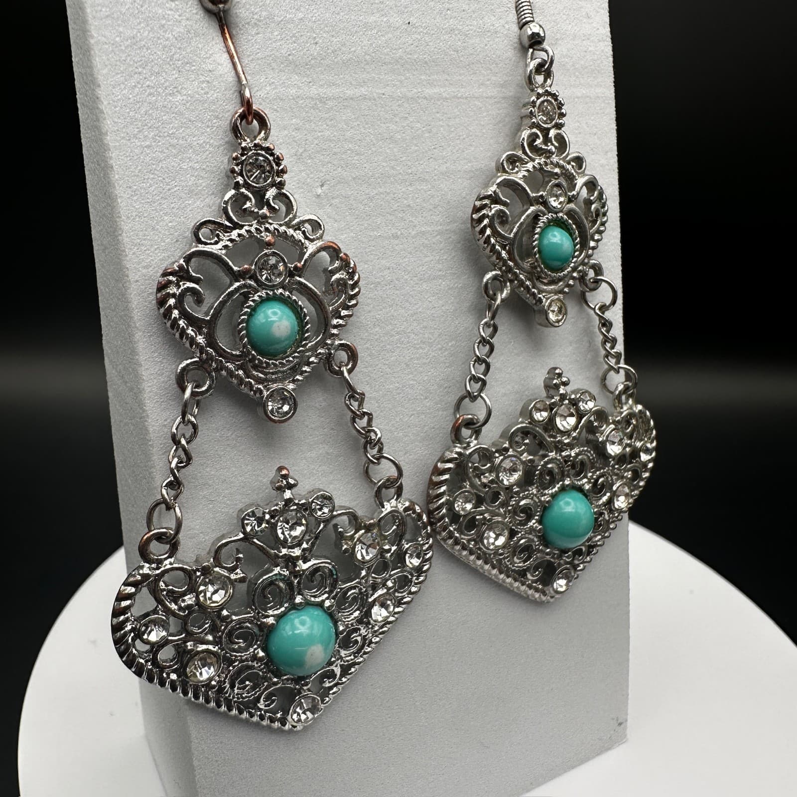Vintage 90s 80s Dangle Earrings Turquoise Stone Clear Rhinestone Filigree Gothic - Thumbnail 2