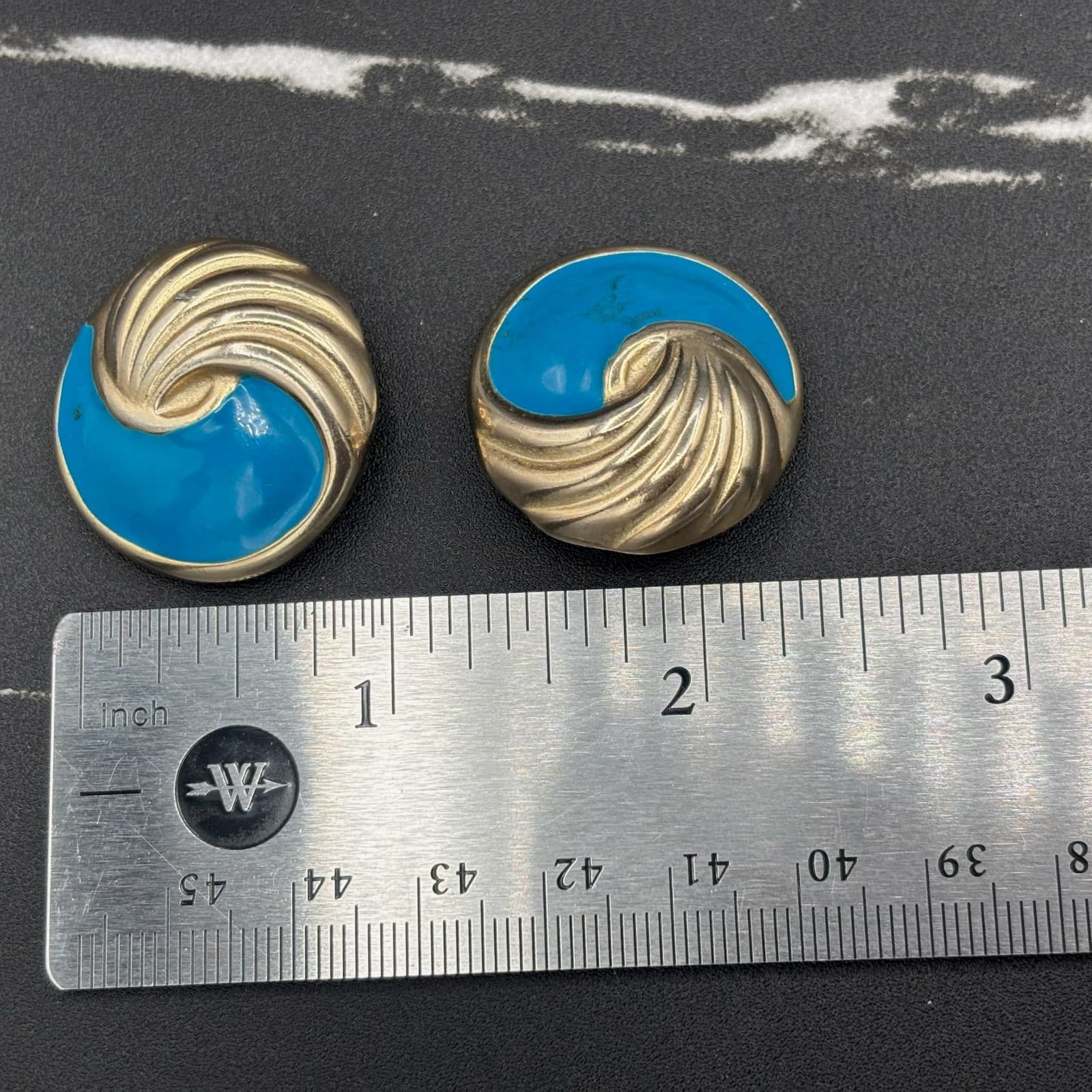 Vintage Gold-Tone & Turquoise Enamel Swirl Stud Earrings Retro 80s Style - Thumbnail 6