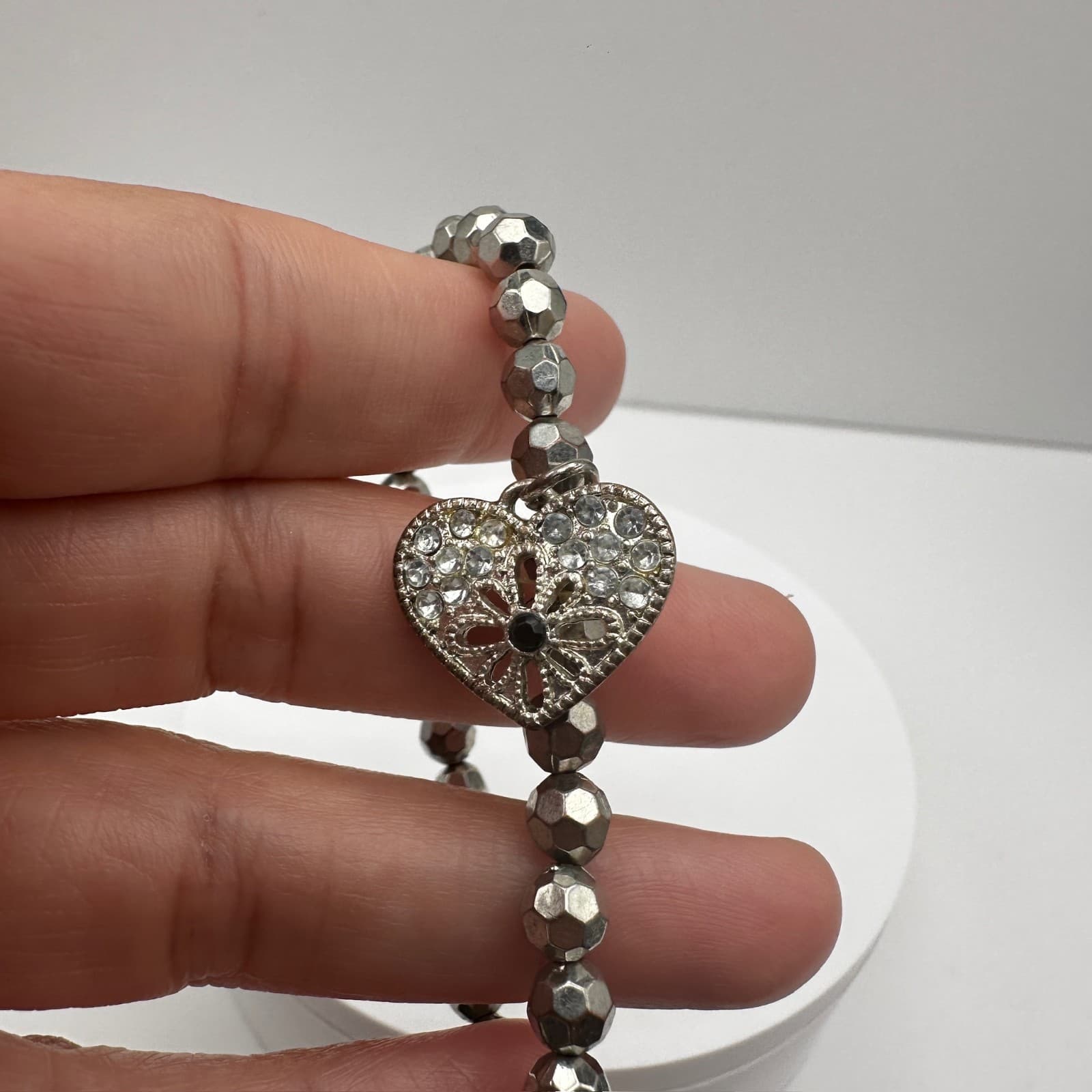 Vintage 90s Silver Tone Beaded Heart Charm Bracelet Fashion Jewelry Rhinestones - Thumbnail 10
