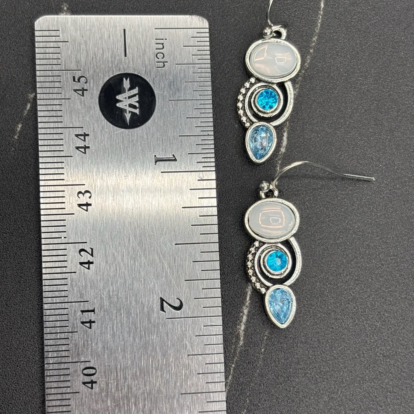 Vintage Silver Tone Glass Trio Drop Earrings Blue & Opal Style Stones Y2K Boho - Thumbnail 8