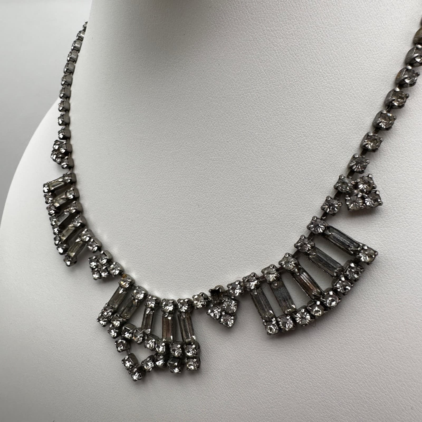 Vintage 90s Silver Tone Clear Rhinestone Baguette Fringe Statement Jewelry - Thumbnail 7