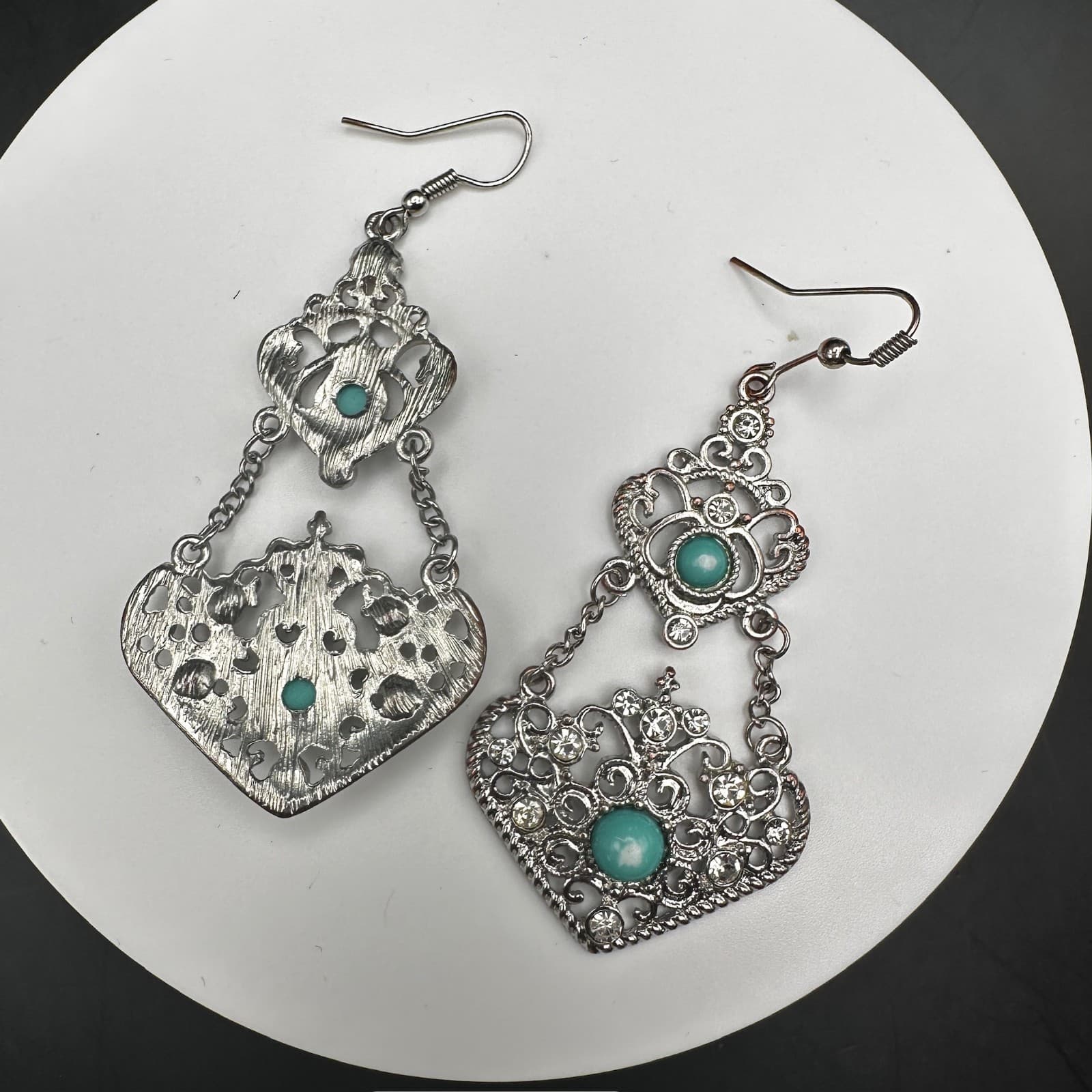 Vintage 90s 80s Dangle Earrings Turquoise Stone Clear Rhinestone Filigree Gothic - Thumbnail 7