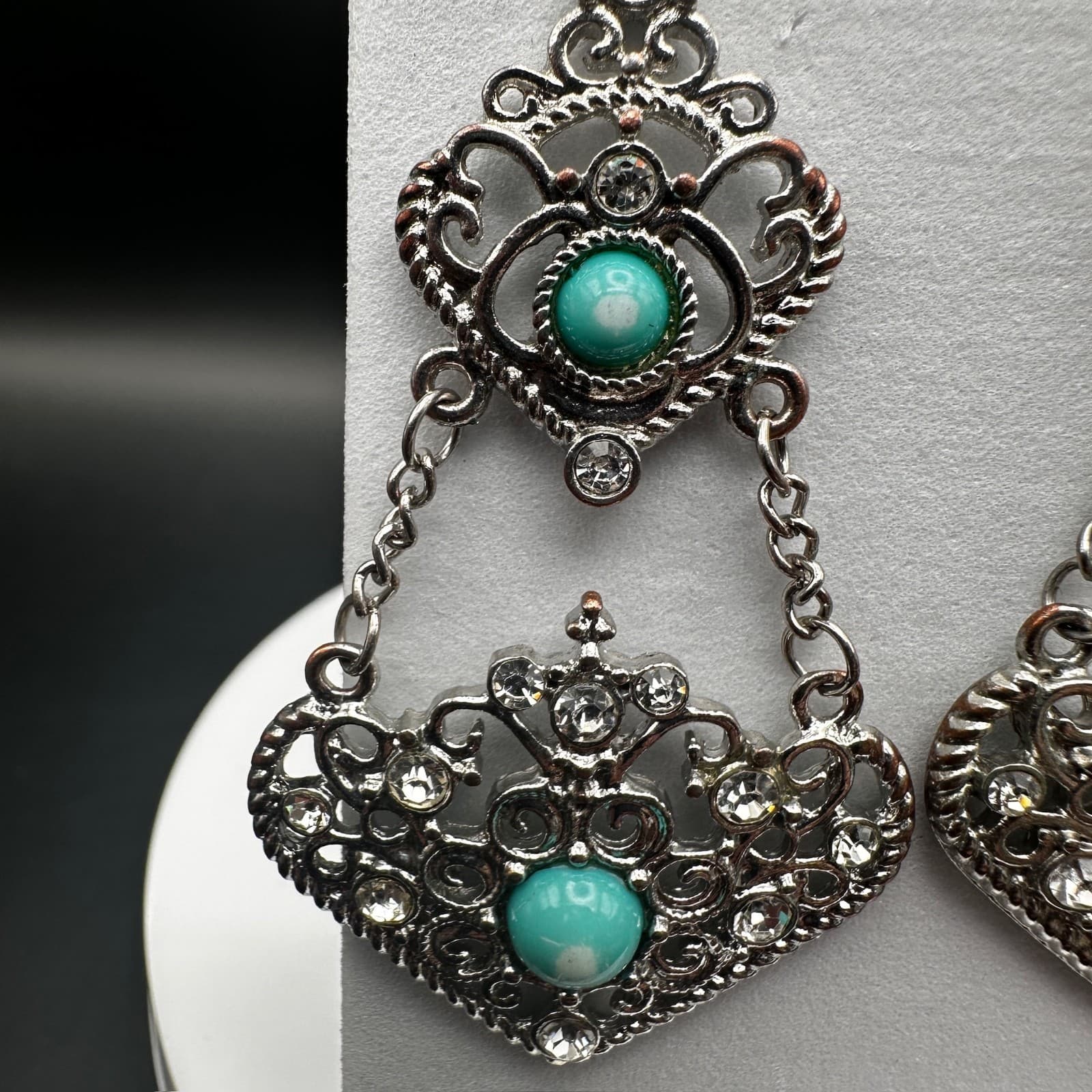 Vintage 90s 80s Dangle Earrings Turquoise Stone Clear Rhinestone Filigree Gothic - Thumbnail 5