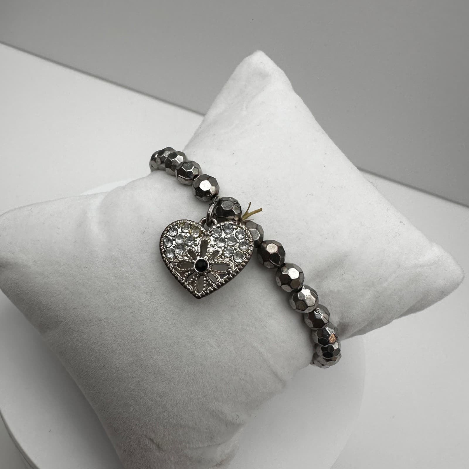 Vintage 90s Silver Tone Beaded Heart Charm Bracelet Fashion Jewelry Rhinestones - Thumbnail 7