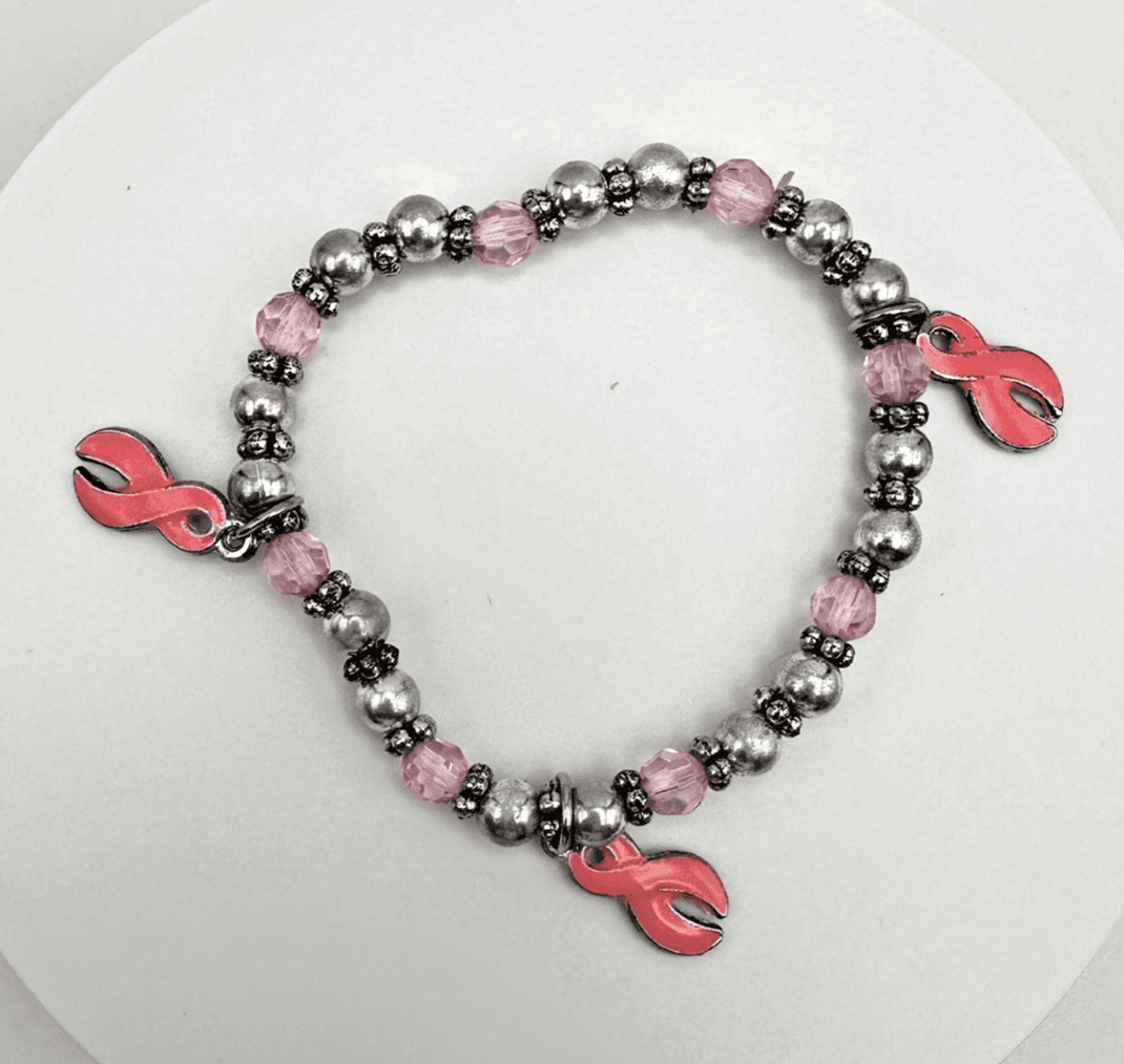 Vintage 90s Silver Tone Cancer Awareness Pink Ribbon Charm Bracelet Jewelry - Image 1