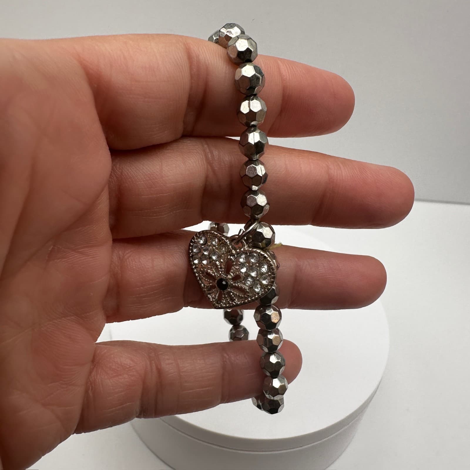 Vintage 90s Silver Tone Beaded Heart Charm Bracelet Fashion Jewelry Rhinestones - Thumbnail 8