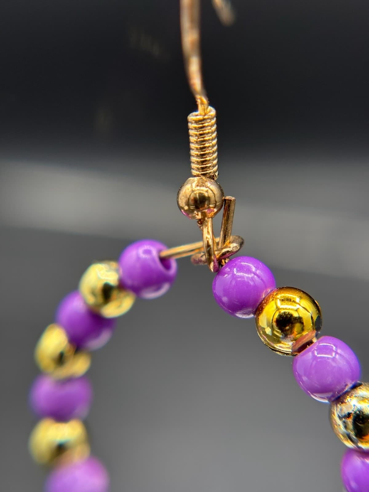 Vintage 80s 90s Y2K Purple & Gold Beaded Hoop Earrings Retro Fun Statement Style - Thumbnail 4