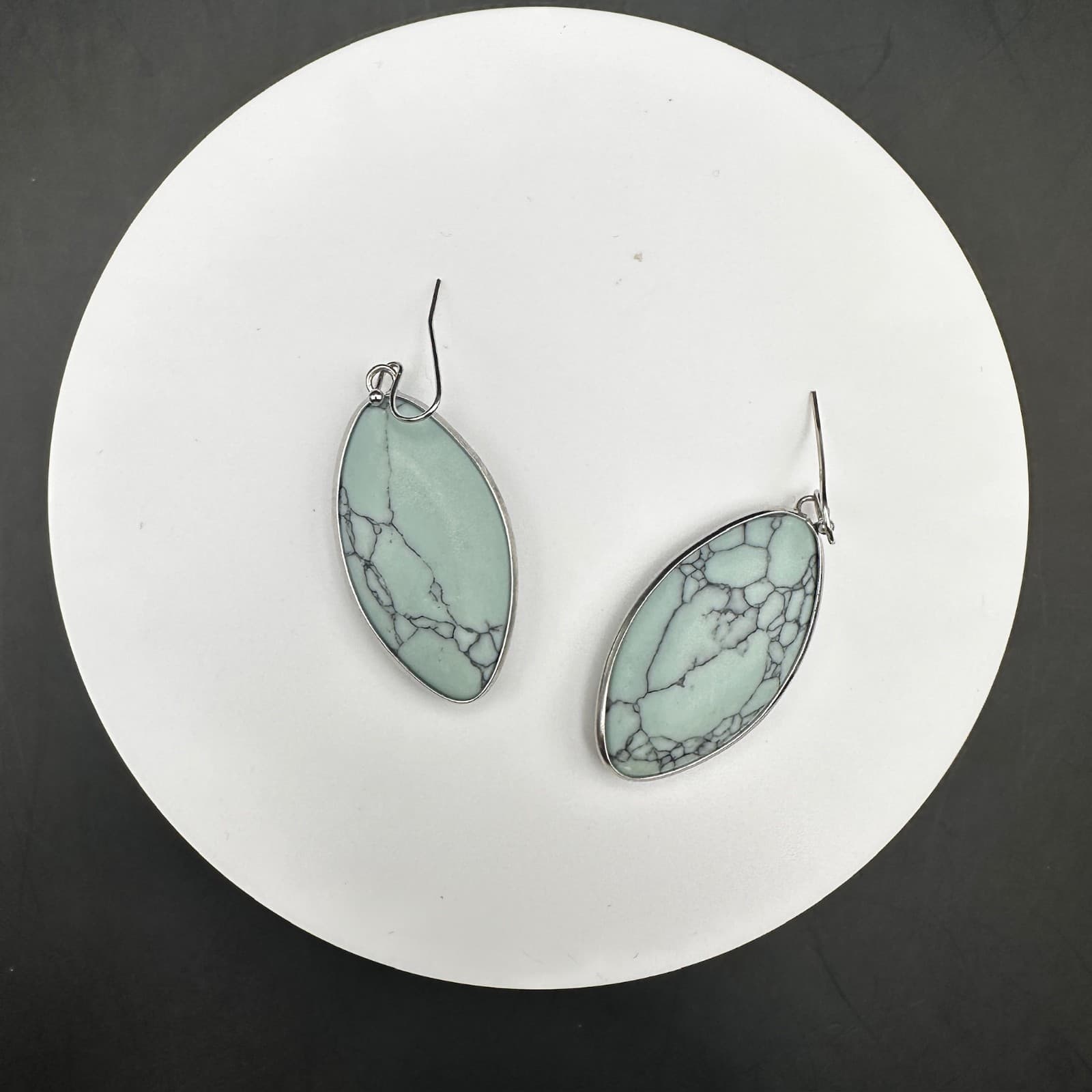 Vintage Light Green Marquise Stone Dangle Earrings Silver Tone Boho Jewelry - Thumbnail 6