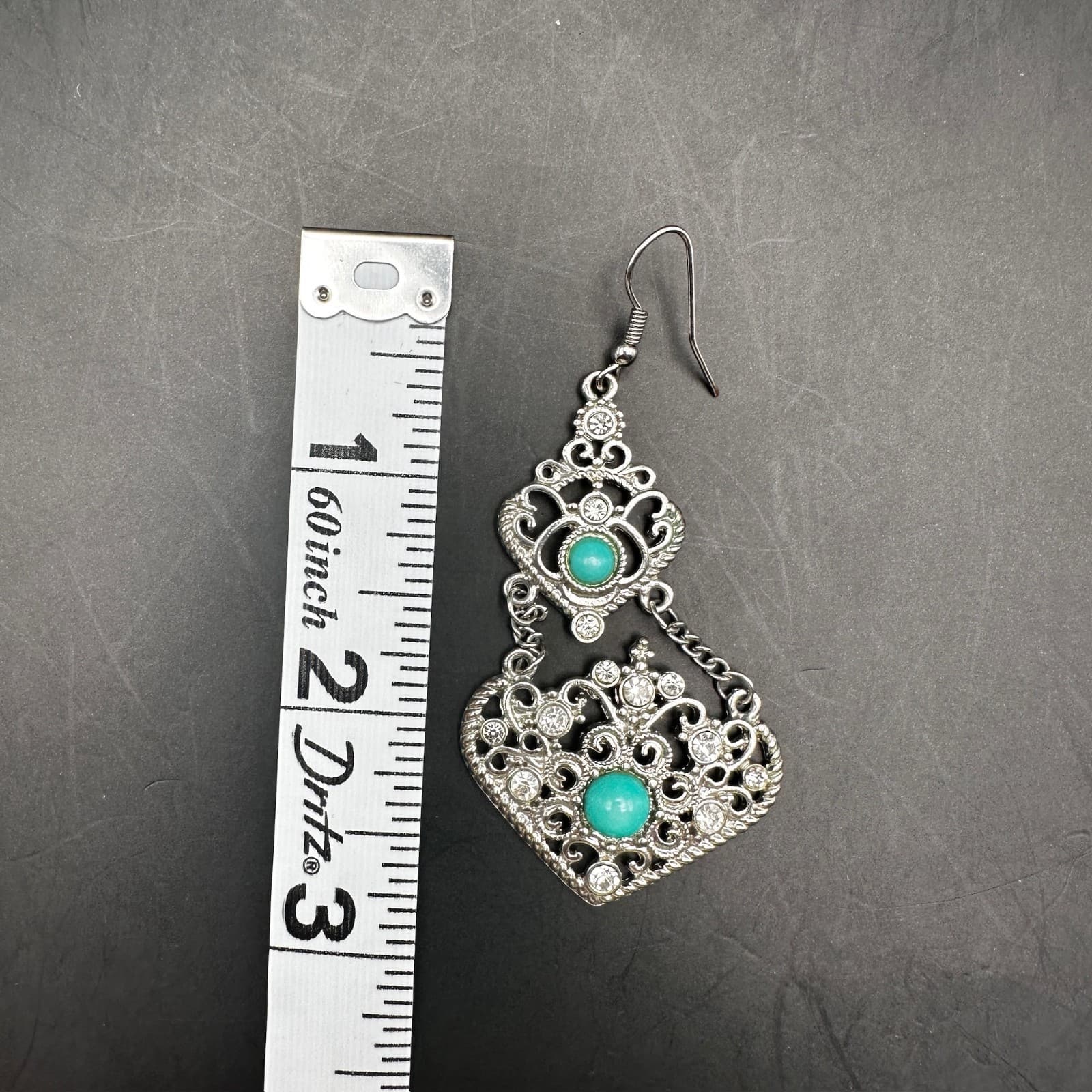 Vintage 90s 80s Dangle Earrings Turquoise Stone Clear Rhinestone Filigree Gothic - Thumbnail 10