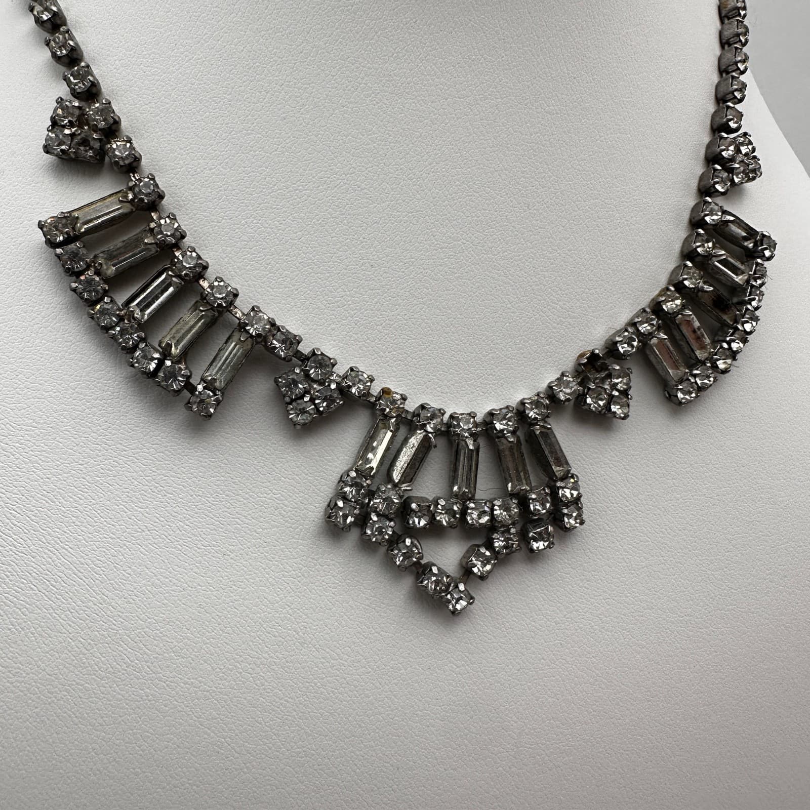 Vintage 90s Silver Tone Clear Rhinestone Baguette Fringe Statement Jewelry - Thumbnail 2