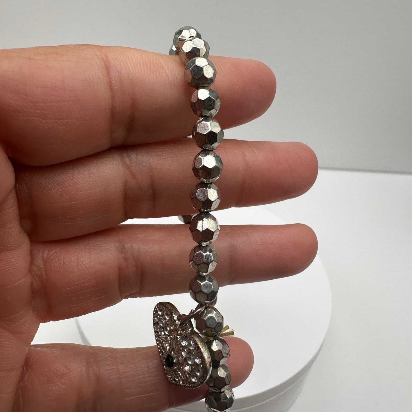 Vintage 90s Silver Tone Beaded Heart Charm Bracelet Fashion Jewelry Rhinestones - Thumbnail 9
