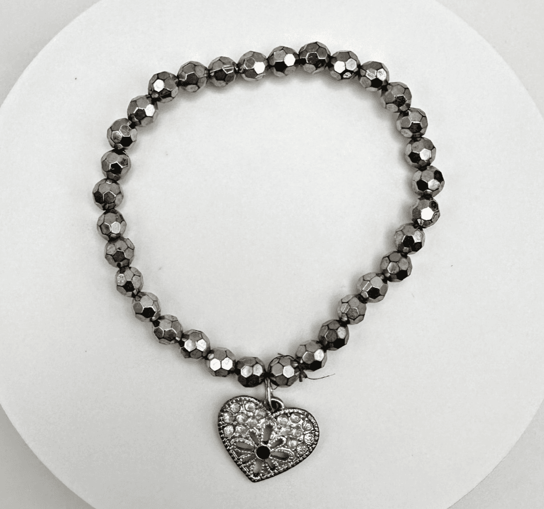 Vintage 90s Silver Tone Beaded Heart Charm Bracelet Fashion Jewelry Rhinestones - Image 1