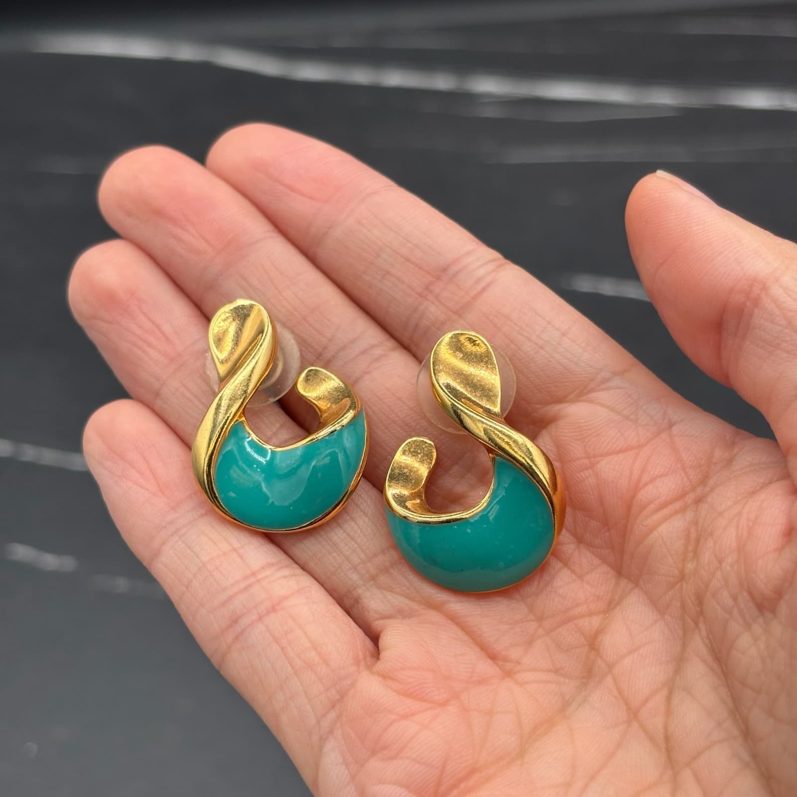 Vintage Gold Tone Teal Enamel Swirl Earrings Bold Statement Y2K - Thumbnail 2