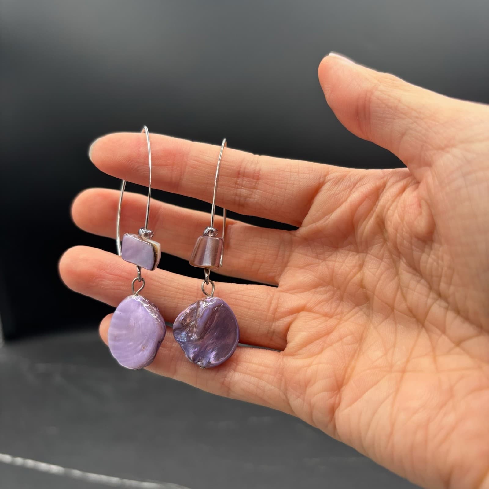 Vintage Purple Shell Drop Earrings Iridescent Dangle Boho Statement Earrings - Thumbnail 3