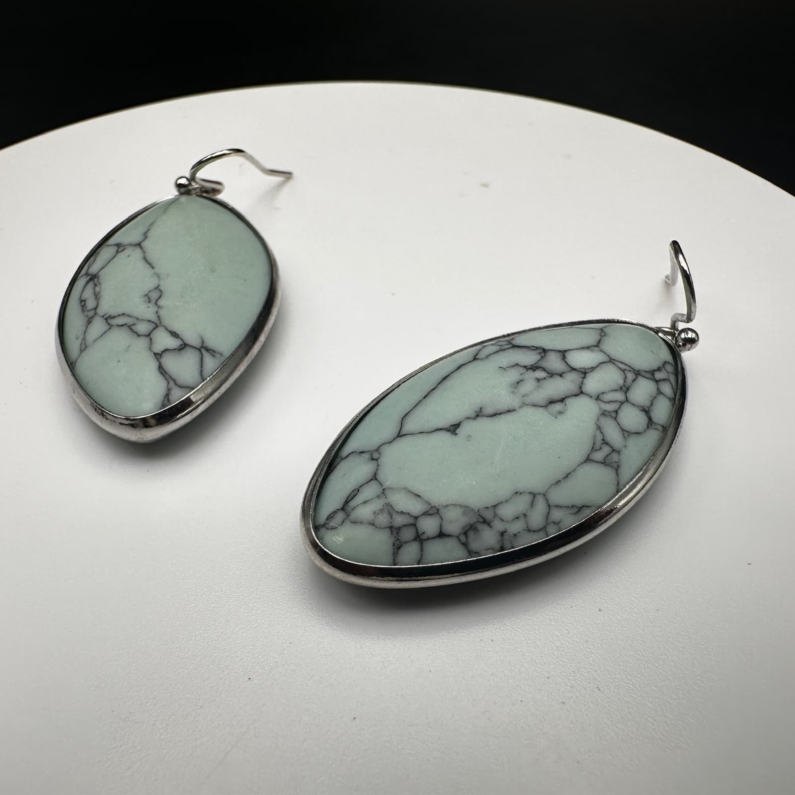 Vintage Light Green Marquise Stone Dangle Earrings Silver Tone Boho Jewelry - Thumbnail 9