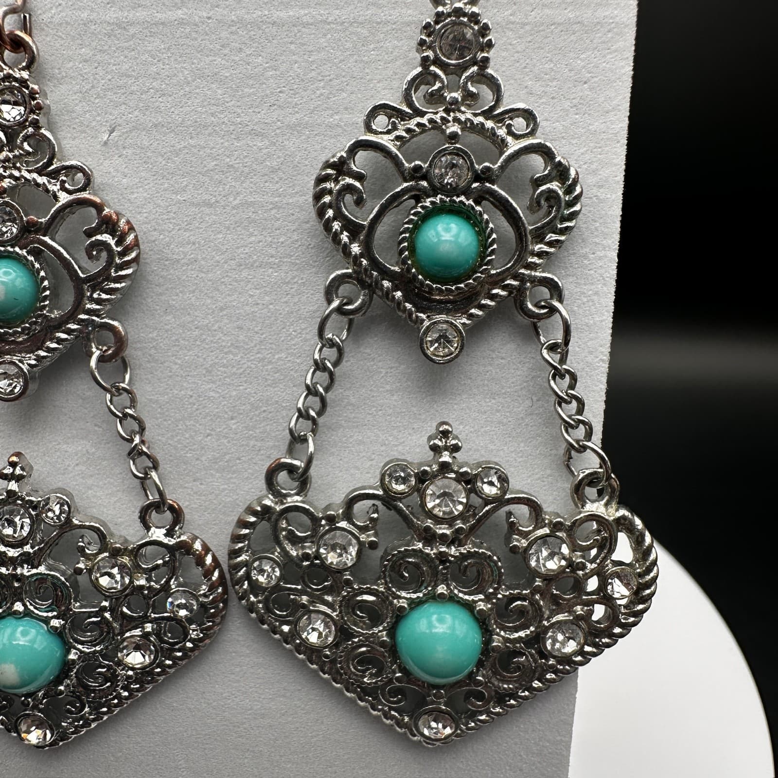 Vintage 90s 80s Dangle Earrings Turquoise Stone Clear Rhinestone Filigree Gothic - Thumbnail 4