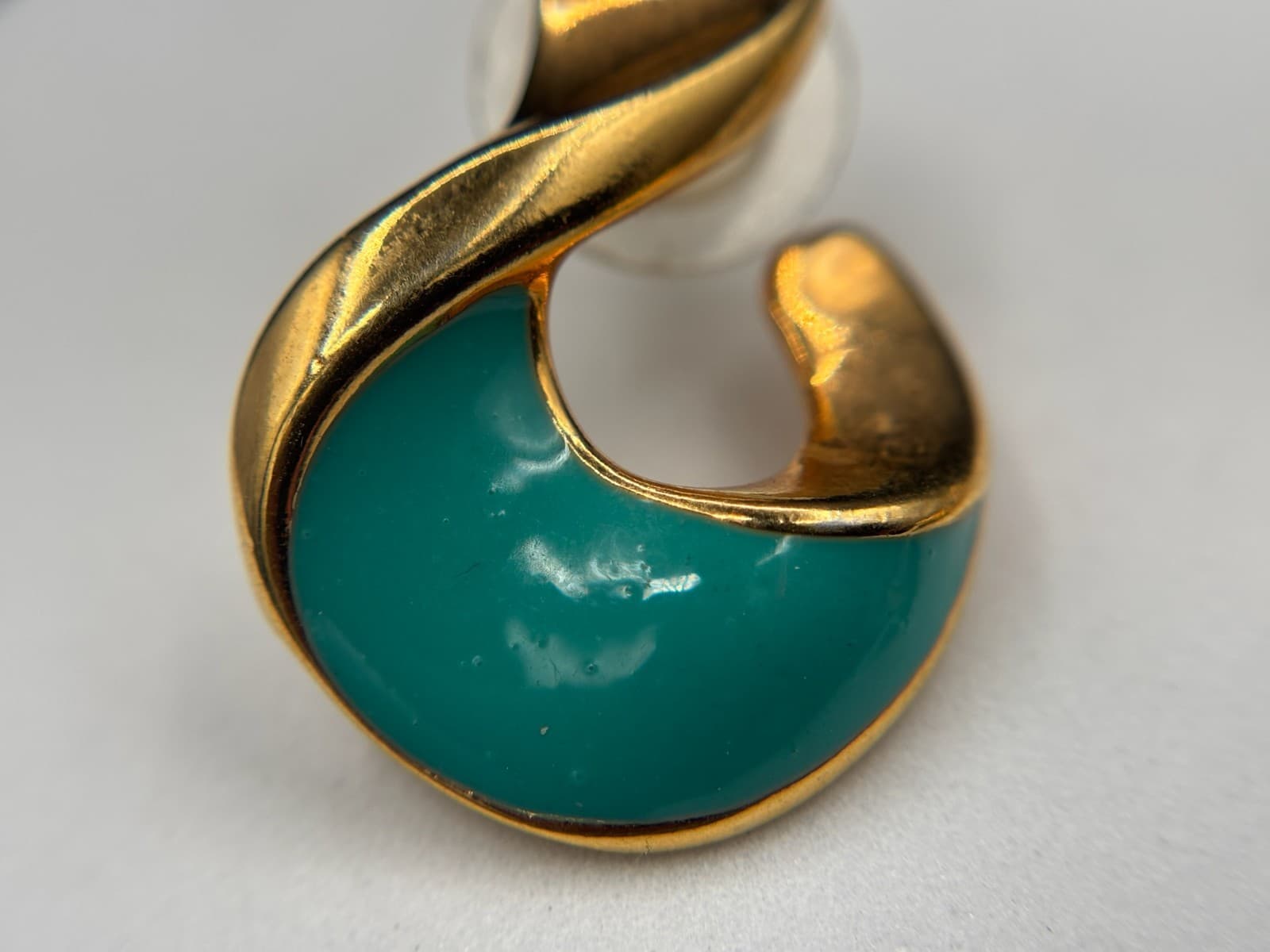 Vintage Gold Tone Teal Enamel Swirl Earrings Bold Statement Y2K - Thumbnail 3